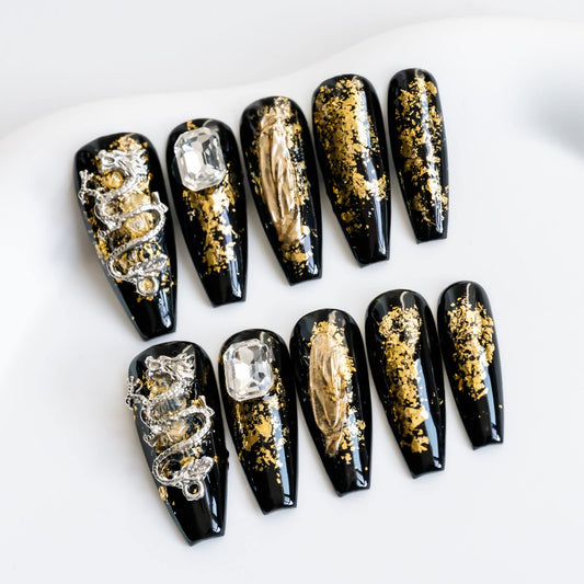 Sun&Beam Nails Handmade Long Coffin Ballerina Black Gold False Nail Tips with Cute 3D Dragon Popular Charm Design Press On Nails 10 Pcs (#52 XS)