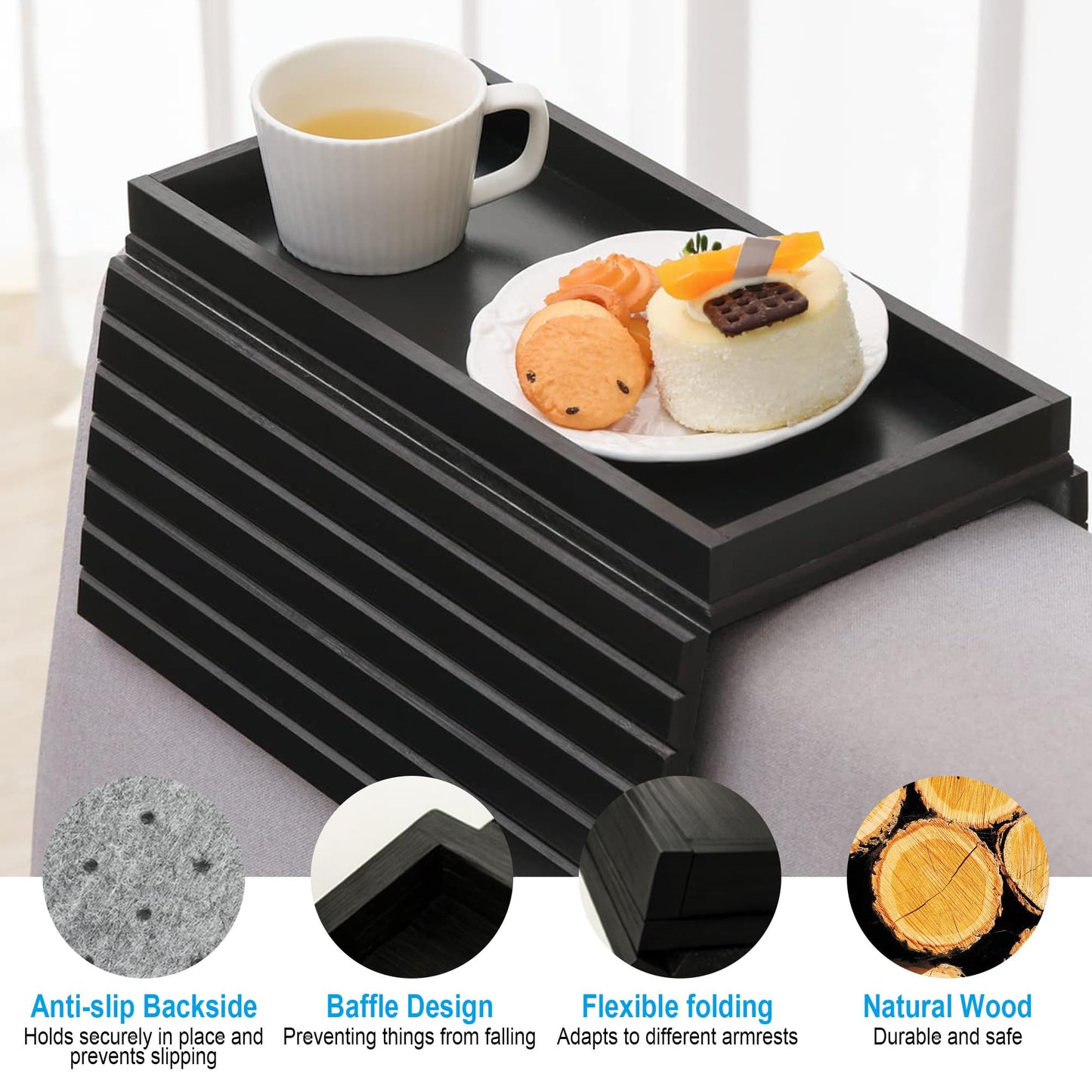 Black Wooden Sofa Arm Tray: Flexible Foldable Couch Armrest Tray