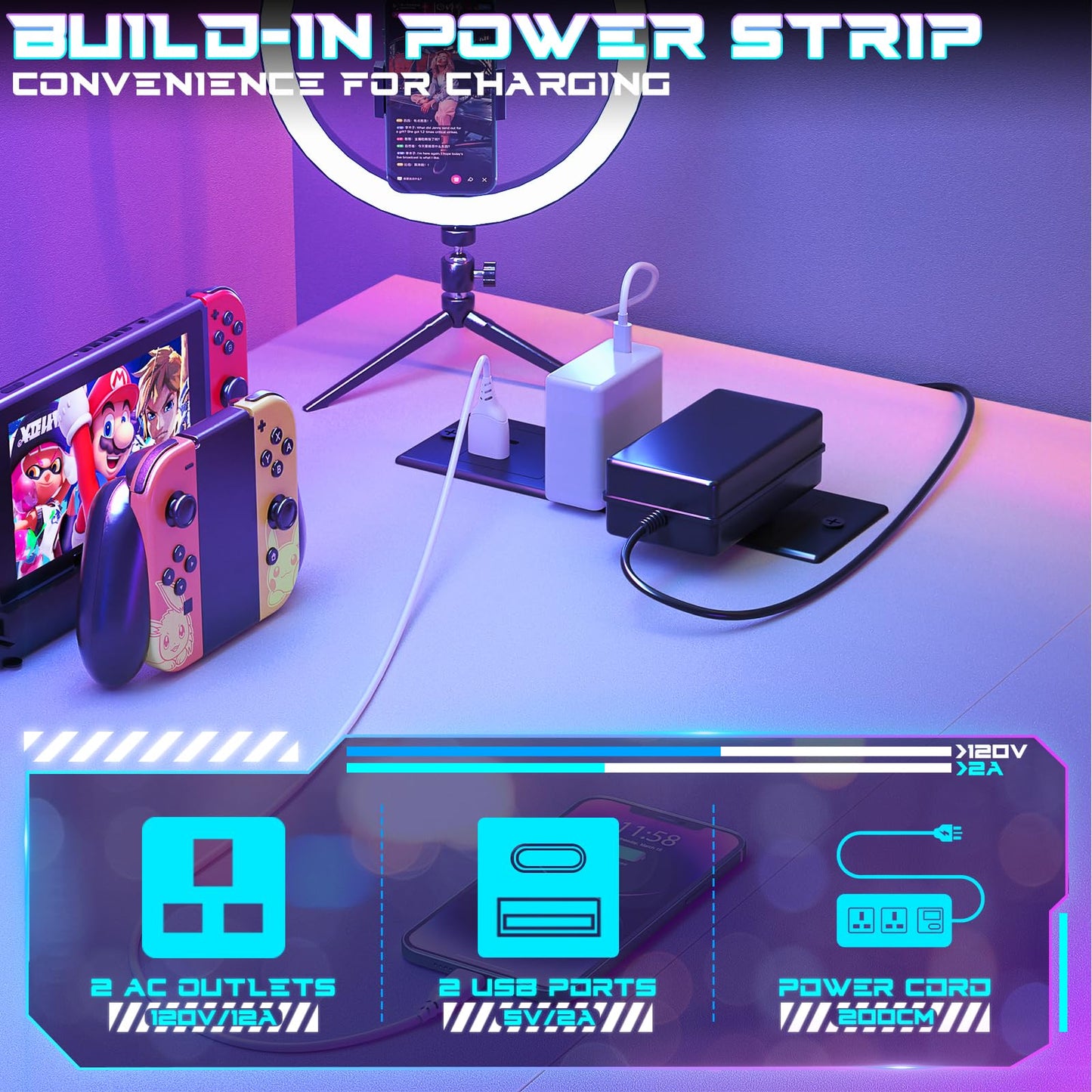 iSunirm Gaming Desk with LED Lights & Power Outlet, Reversible Computer Desk with Moveable Monitor Stand