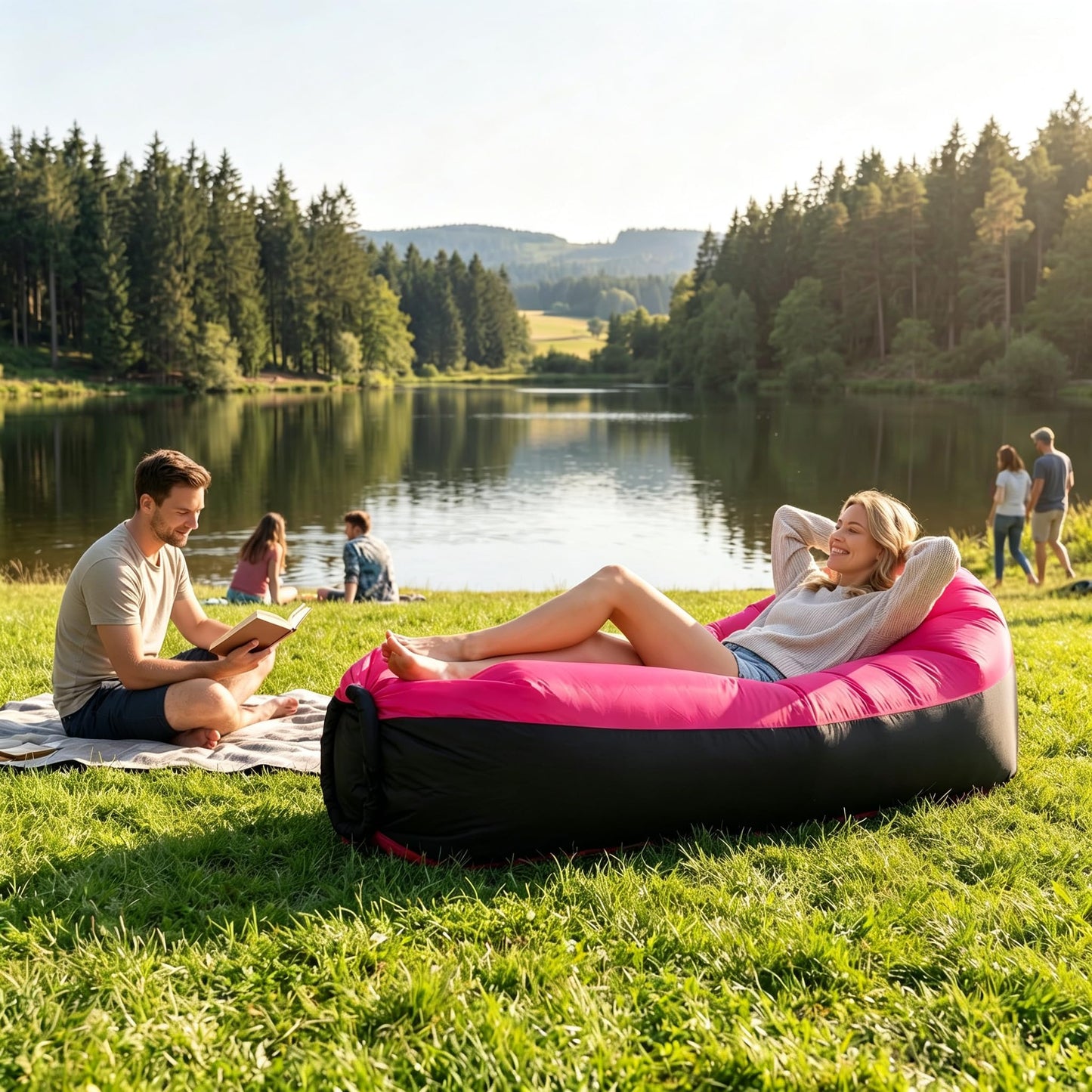 EastCity Inflatable Air Sofa with Headrest and Side Pocket, 230 x 70 cm Inflatable Sofa for Camping, Beach and Festival, Air Lounger with Carry Bag