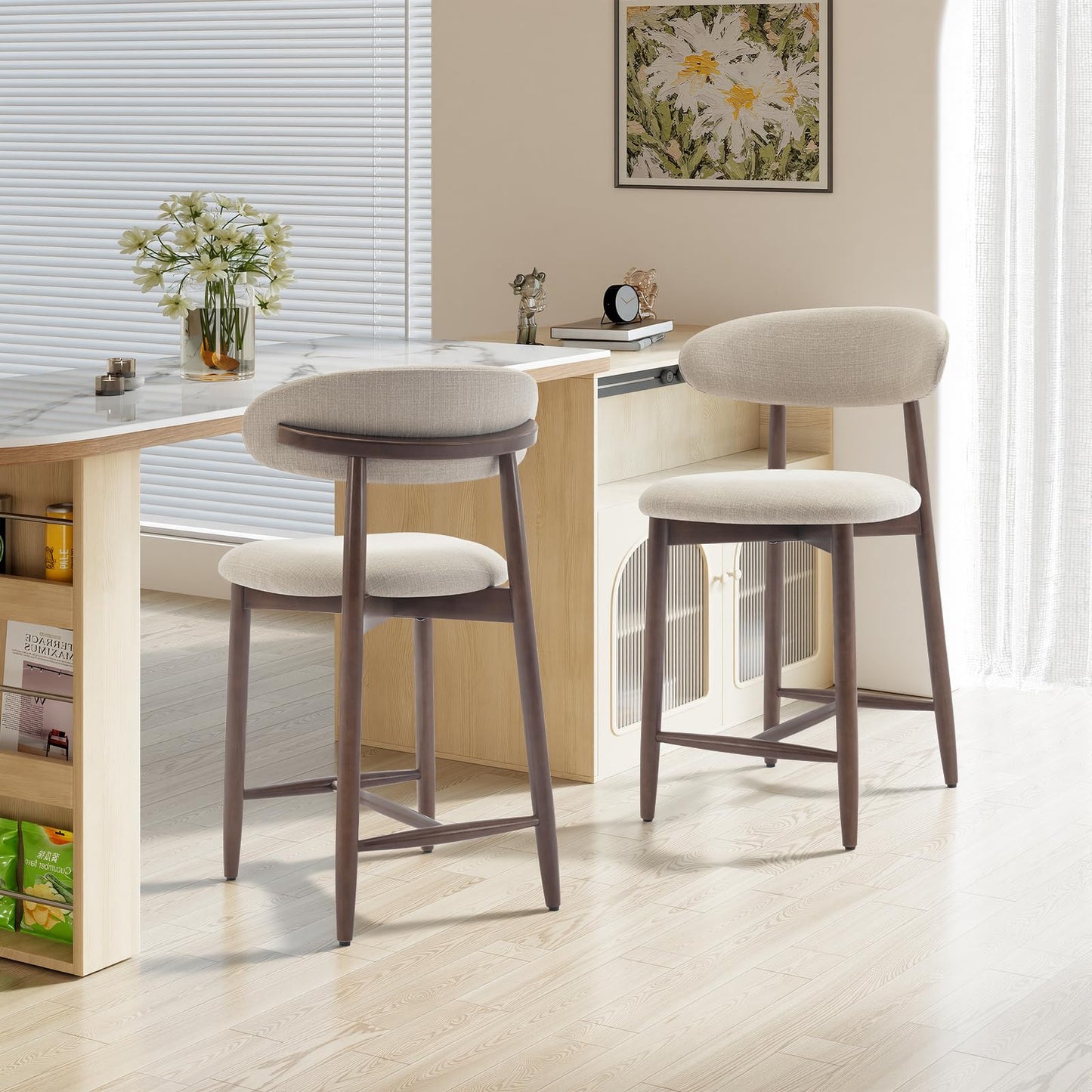 COLAMY 2PCS Counter Height Bar Stools with Back, Modern Upholstered Bar Chairs with Ergonomic Backrest & Footrest, Rubberwood Frame