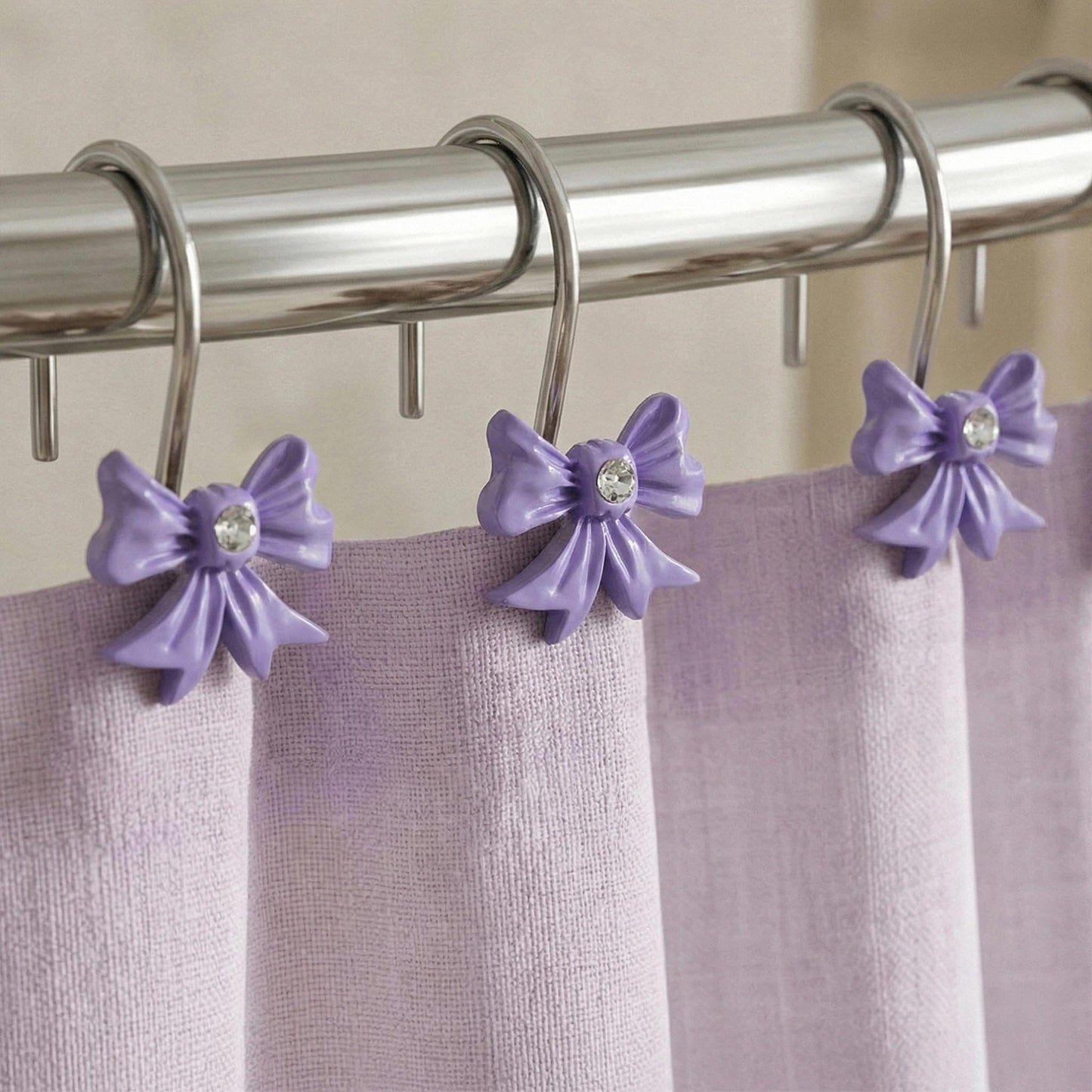 Purple Bow Shower Curtain Hooks: Decorative Bathroom Curtain Rings, 12Pcs