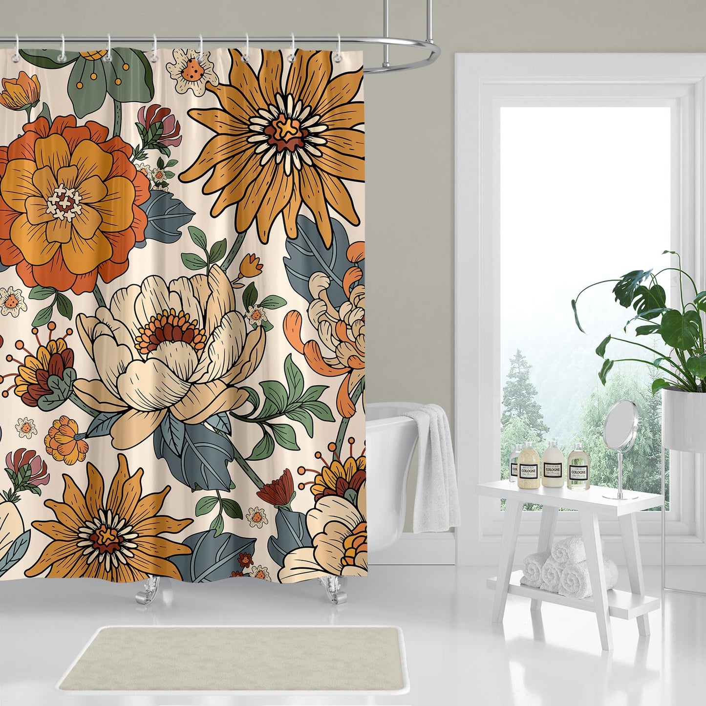 Hopomoon Beige Boho Shower Curtain,Beige Vintage Floral Abstract Farmhouse Bohemian Waterproof Fabric Bathroom Curtain with 12 Hooks,180 x 180cm