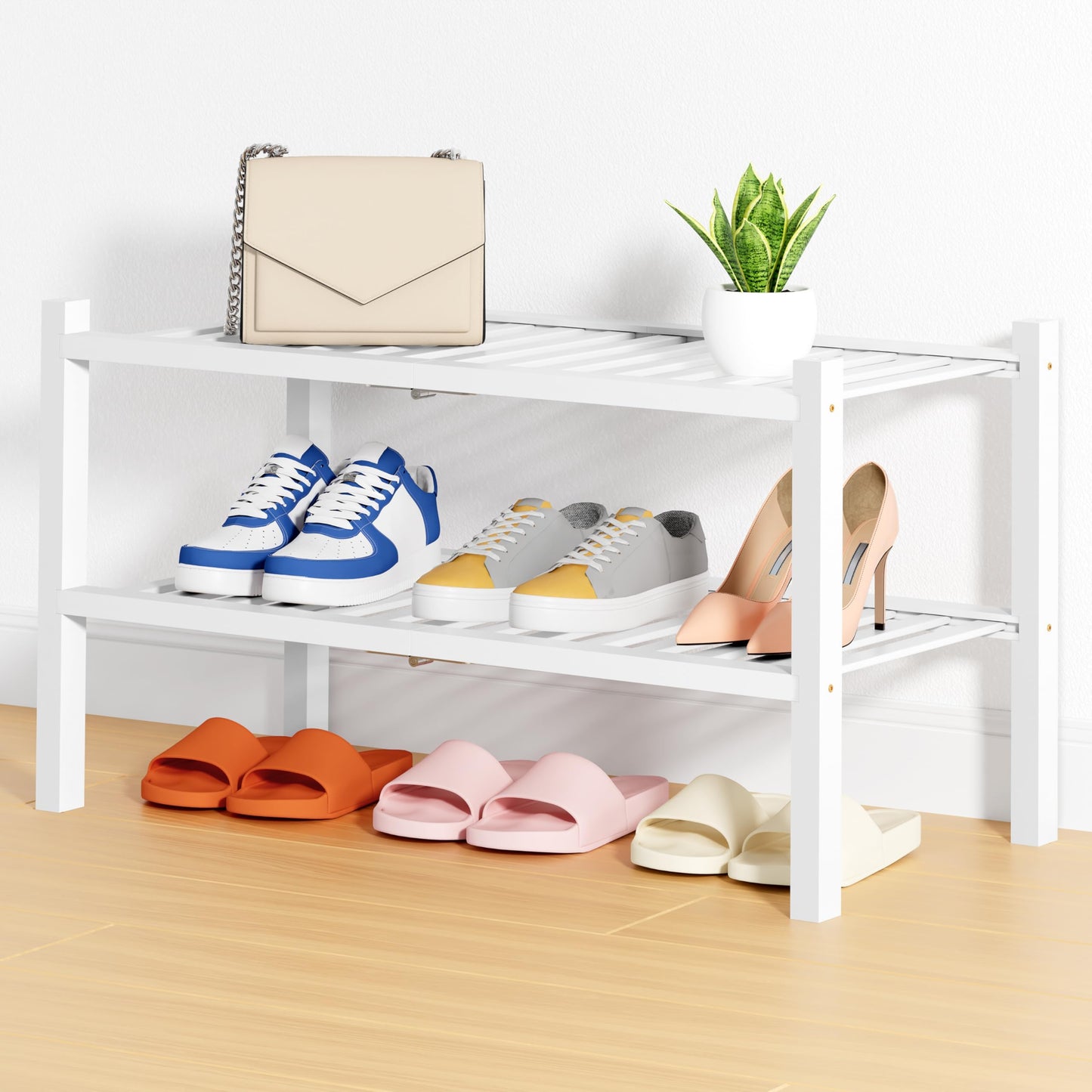smiry Shoe Rack, 2 Tier Bamboo Shoe Organizer, Stackable Free Standing Wooden Shoe Storage Shelf for Entryway, Front Door Entrance, White