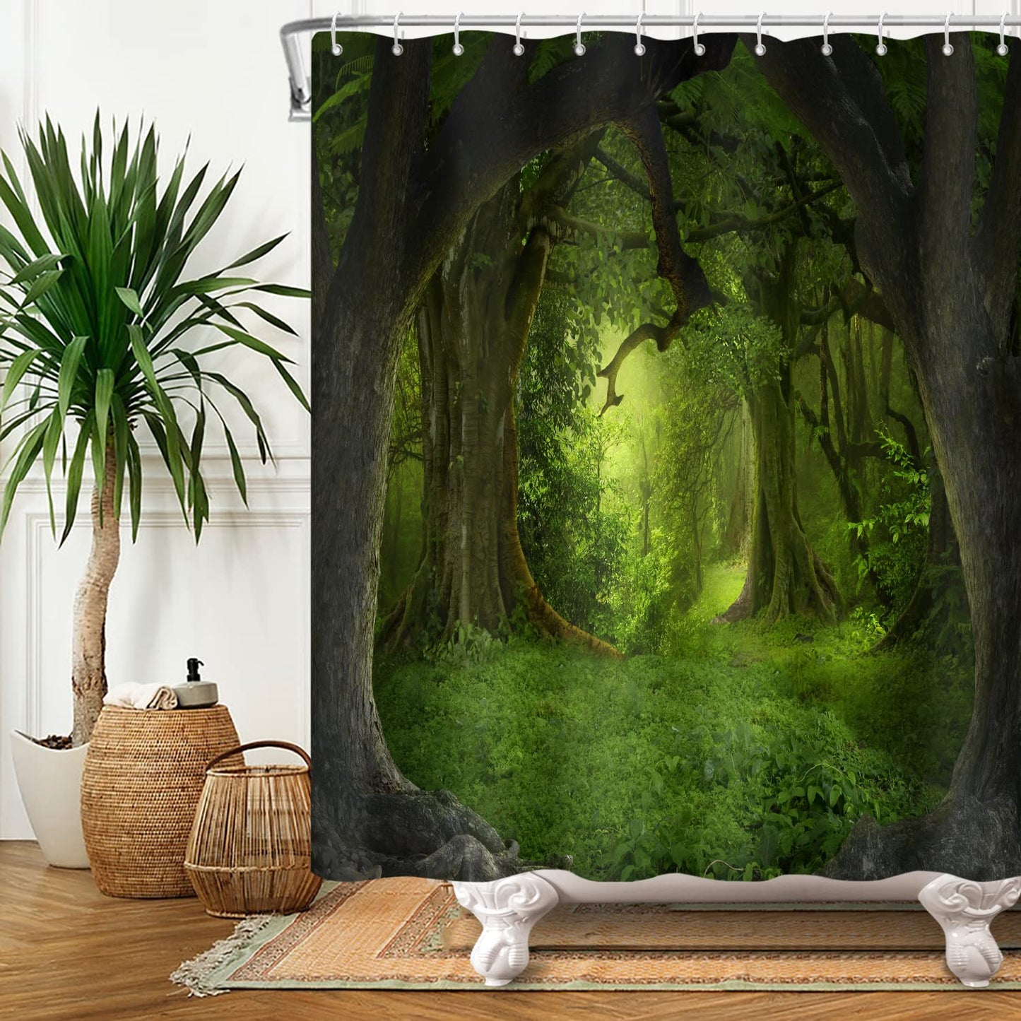 SDOTPMT 180x180cm Magic Forest Shower Curtain Fairytale Fantasy Jungle Tree Green Plant Grassland Bath Curtain Natural Landscape Bathtub Curtain for