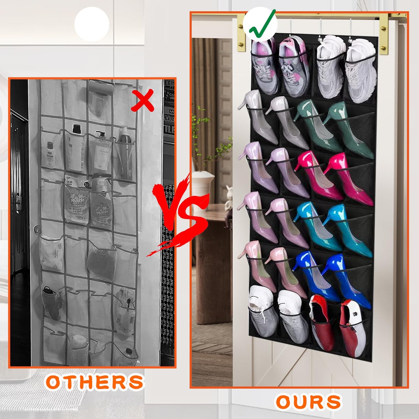 Yunyige Shoe Door Storage, Overdoor Shoe Storage Organiser, over Door Shoes Rack with 24 Mesh Pockets, Shoes Hanging Storages (Black)