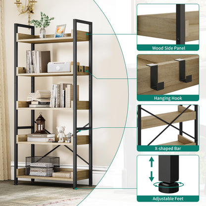YITAHOME Bookcase 5-Tier, Tall Narrow Bookcase Thin Book Shelf Wooden Shelves Wooden Shelf With Stable Steel Frame