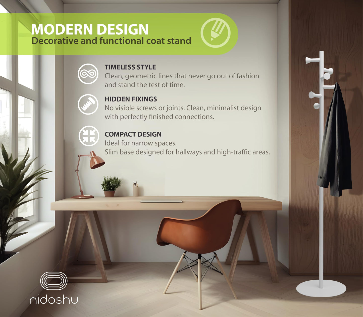 nidoshu Coat Stands for hallway - Modern Coat Rack Freestanding No Visible Screws Original Design for Small Space Entrance Hall