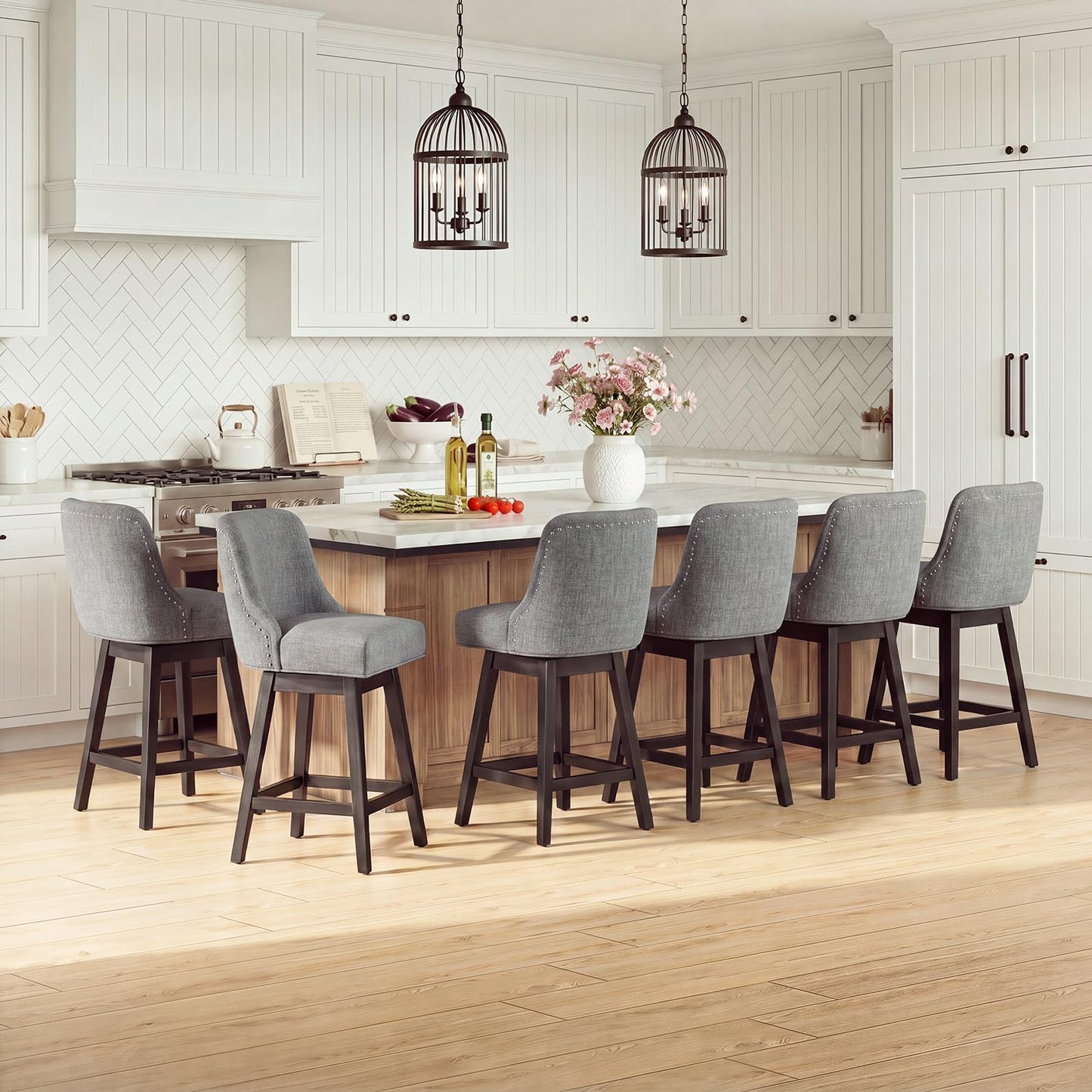 Bar Stools Set of 6, 360° Swivel Upholstered Counter Stools with Back, Wooden Frame Kitchen Bar Chairs with Nailhead Trim