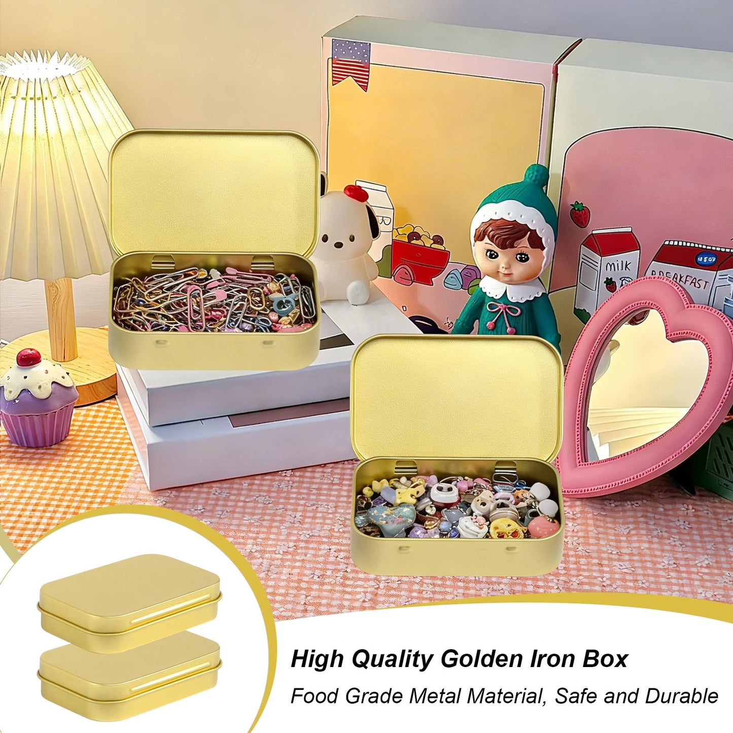 Gyism 6Pcs Golden Metal Rectangular Hinged Tin Container with Lids, 9.5×6×2cm Small Decorative Tins with Lids
