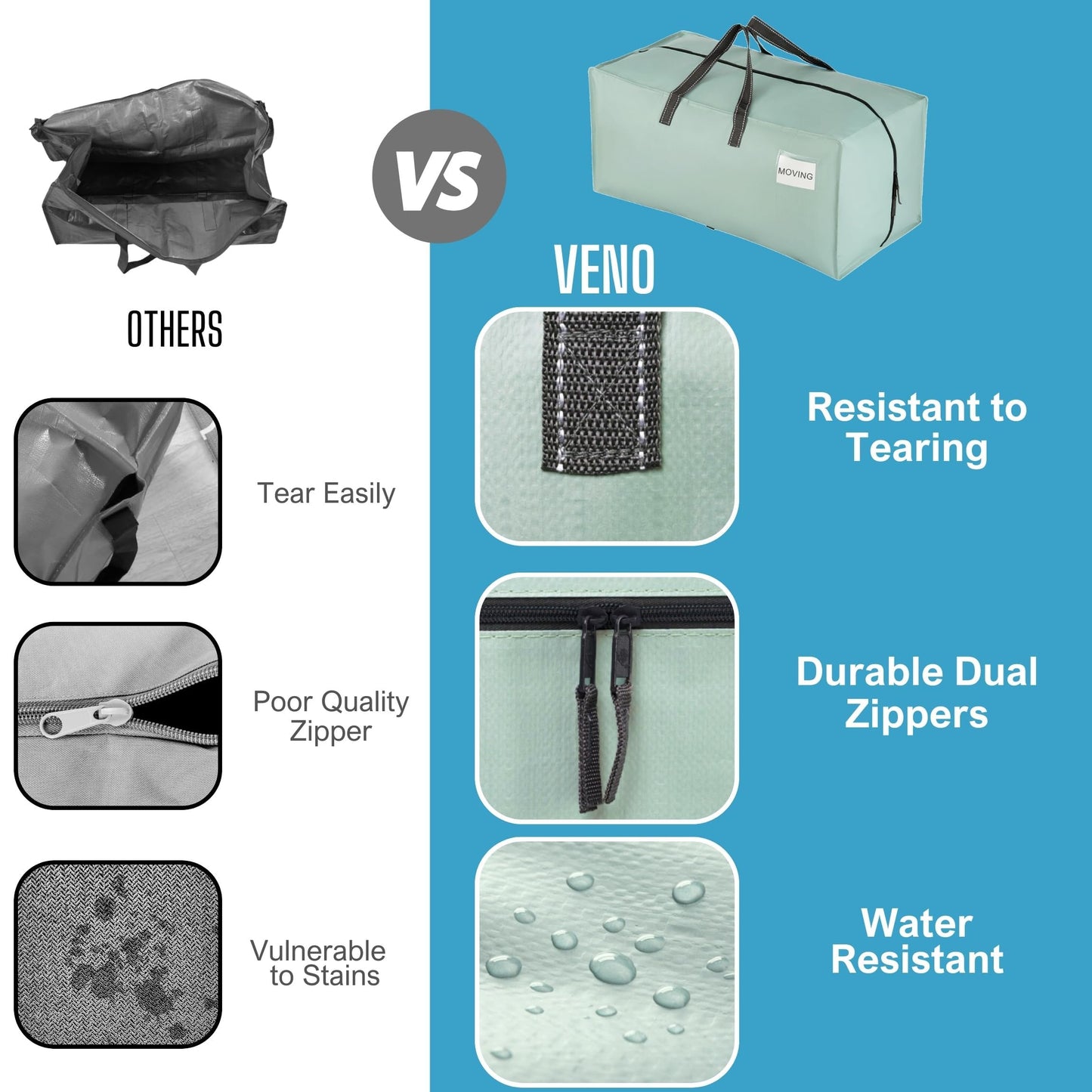 VENO 4 Pack Heavy-Duty Extra Large Moving Bags W/Backpack Straps, Moving House Essentials, Clothes Storage, Packing, Laundry Bags
