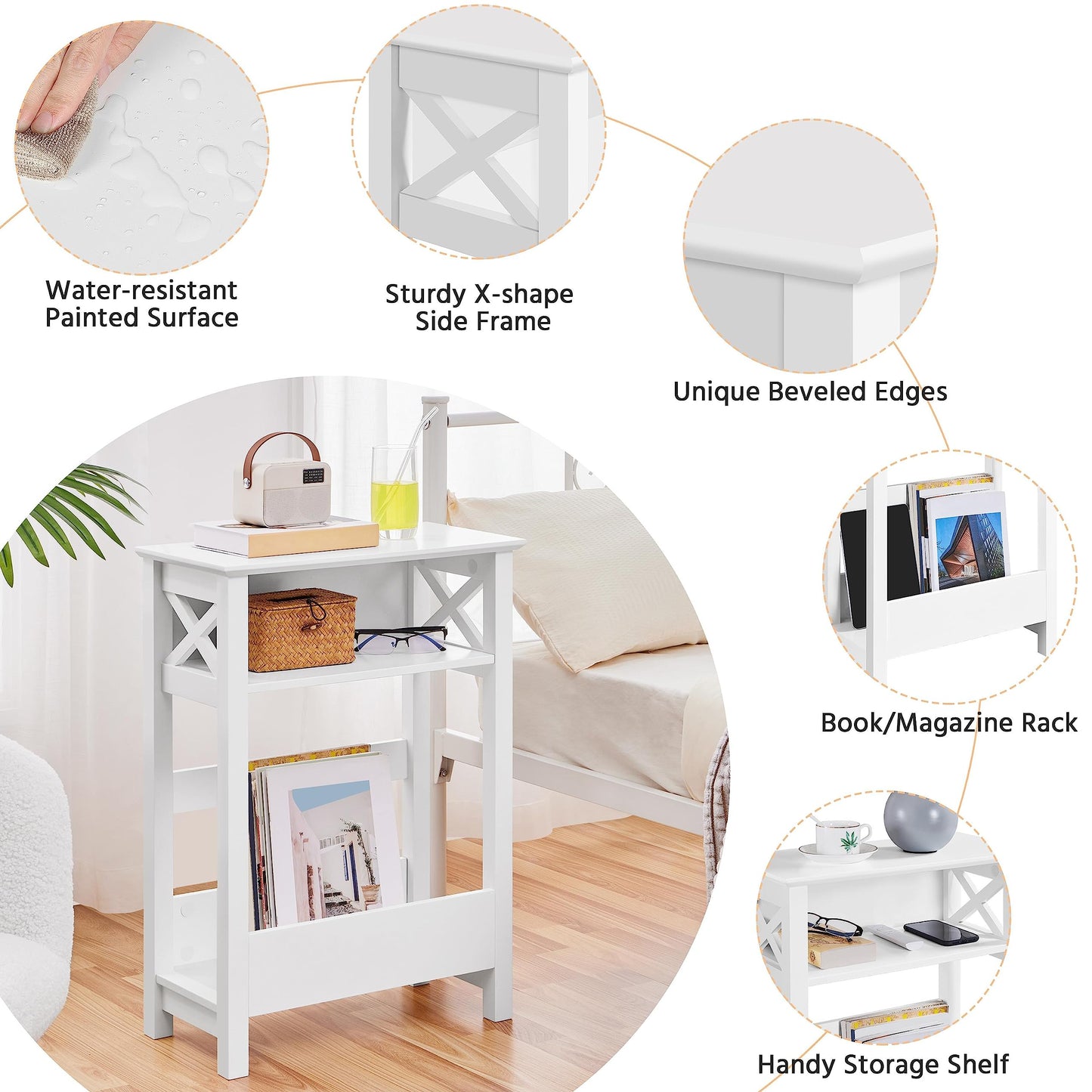 Yaheetech 3-Tier Magazine Side Table, 50 × 25 × 70 cm, White