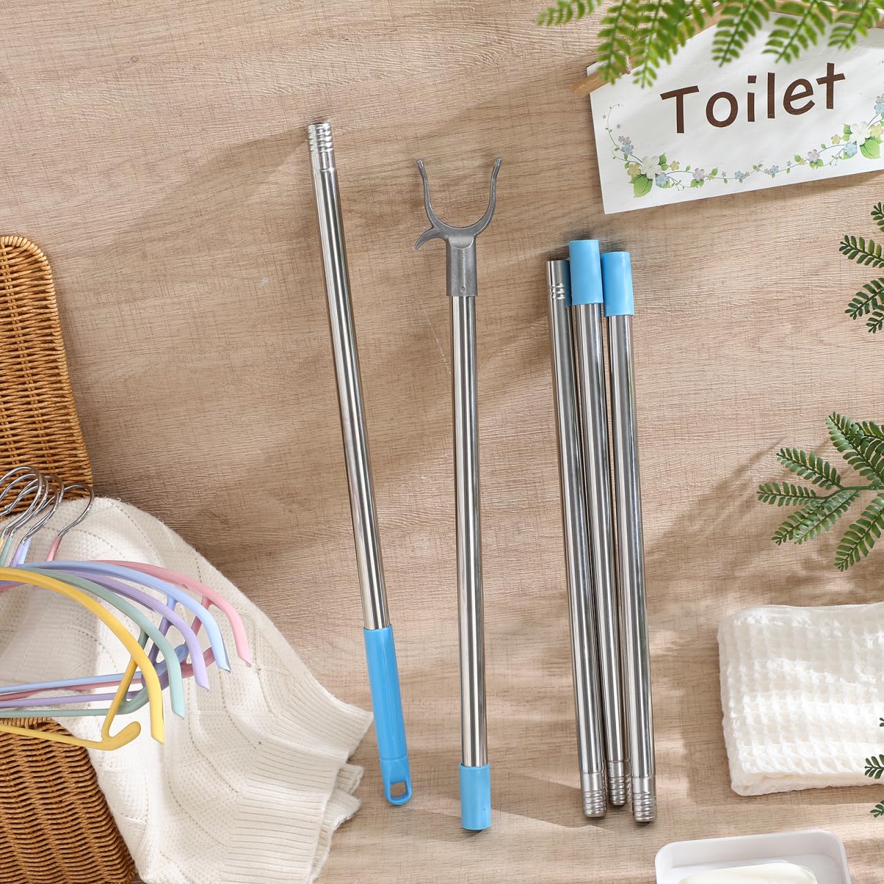 PRETYZOOM Adjustable Clothes Pole Telescoping Reach Stick Detachable Clothes Drying Rod for Wardrobe and High Reach Clotheslines Sky-Blue