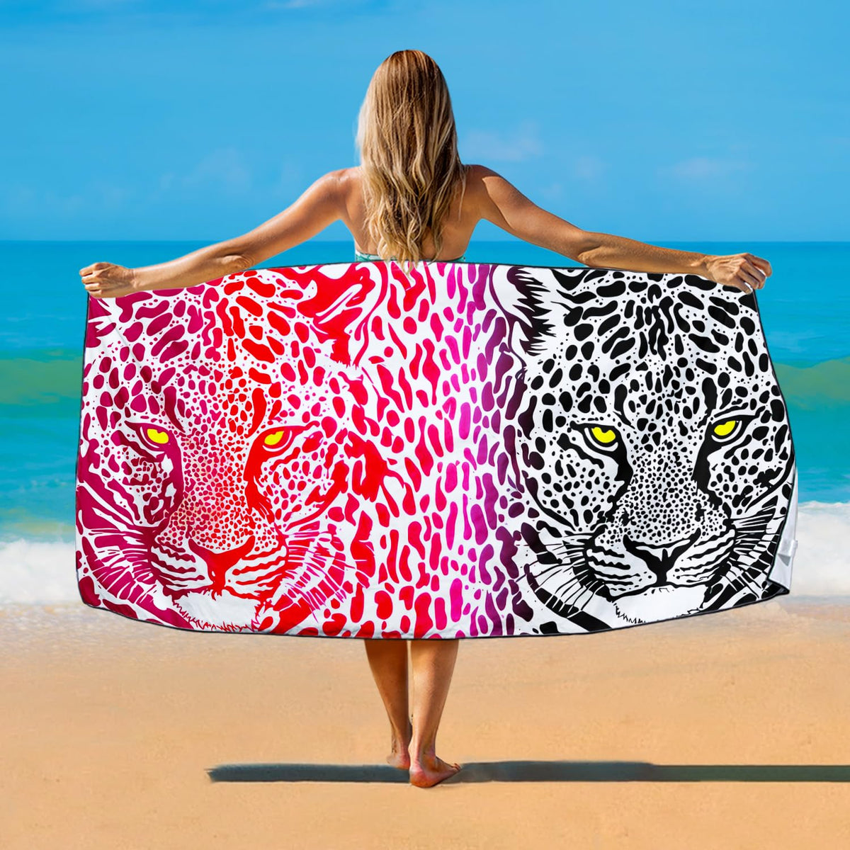 Violetpos Pink & Black Dual Leopard Beach Towel, Extra Large 180x90 cm 250GSM Microfibre, Sand Free Quick Dry