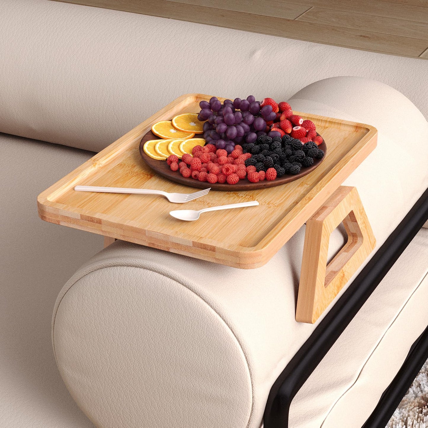 Fibogollo Sofa Tray,Bamboo Folding Couch Arm Tray,Sofa Armrest Trays Clip-On Couch Desk for Drinks,Snacks,Phone,Remote Control(Natural)