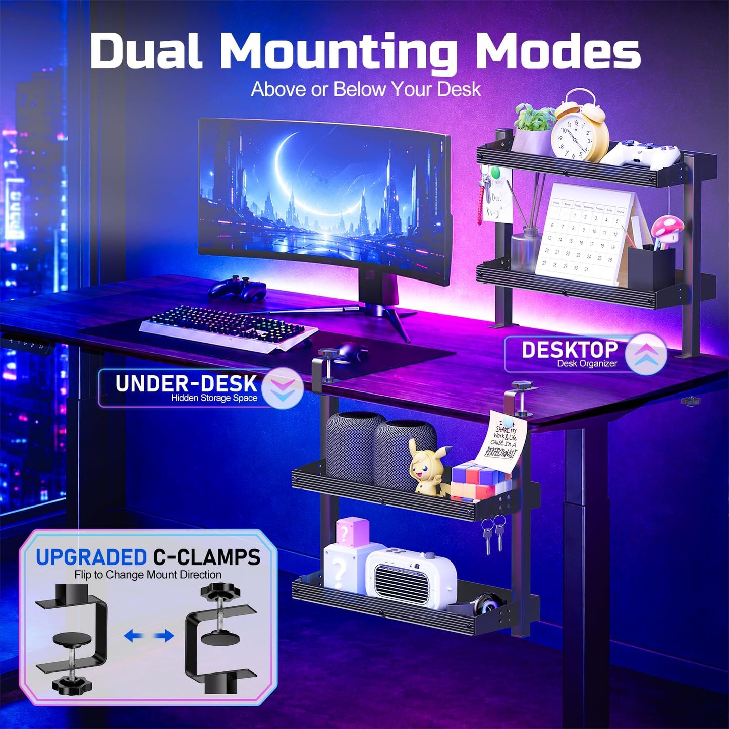 OUKMIC 2-Tier Clamp-On Desk Shelf, 17 inch Metal Desktop Organizer