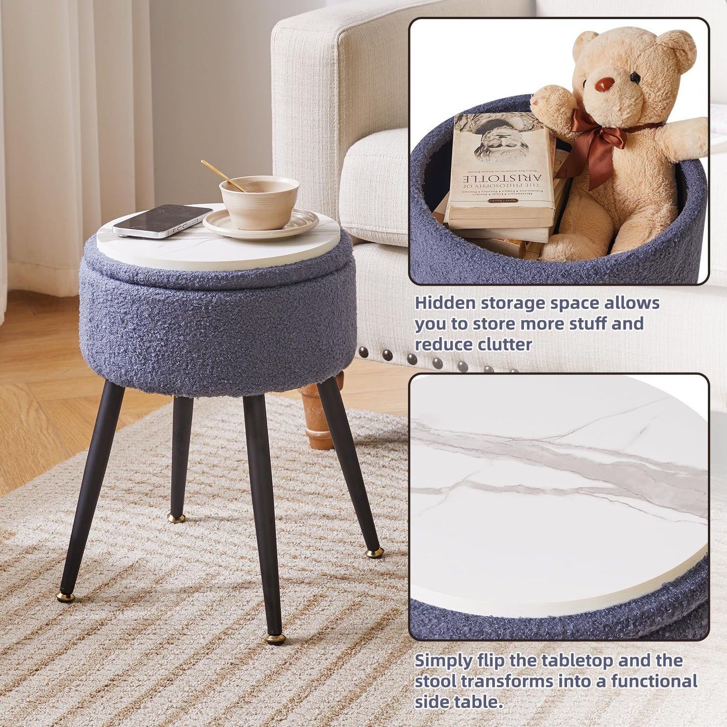 Aibiju Dressing Table Stool with Storage Space, Round Footrest Stool Ottoman, Vanity Dressing Table Chair with 4 Metal Legs for Home Living Room