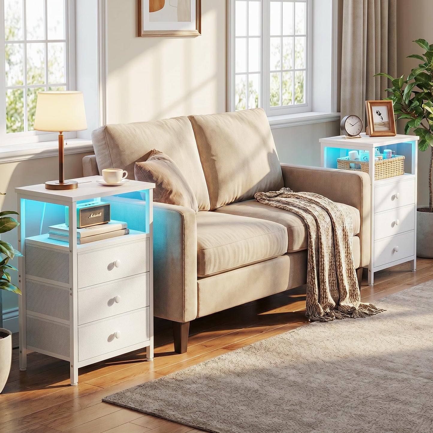 LOAKEKEL Bedside Table with Charging Station, Side Table with 3 Drawers