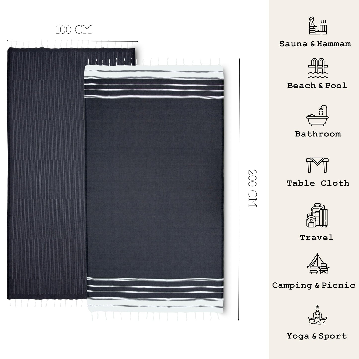NOUR Premium 100% Cotton Turkish beach towel, Pack of 2, 100 x 200 cm, Picnic Blanket, Sauna & Hammam Towels, Extra Light, Absorbent, Quick-Drying