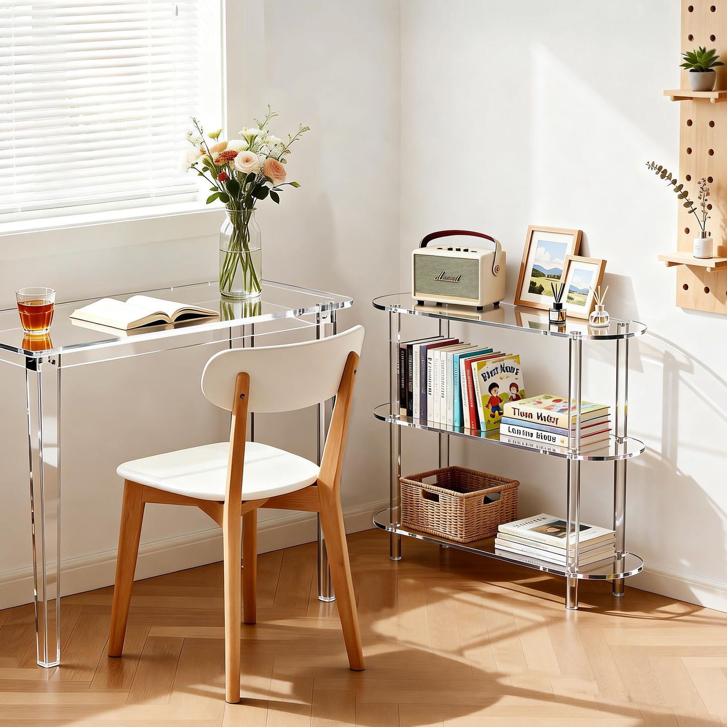 Clear Acrylic Bookshelf Bookcase, Narrow Oval, 3 Tier, 80 x 24 x 72 cm
