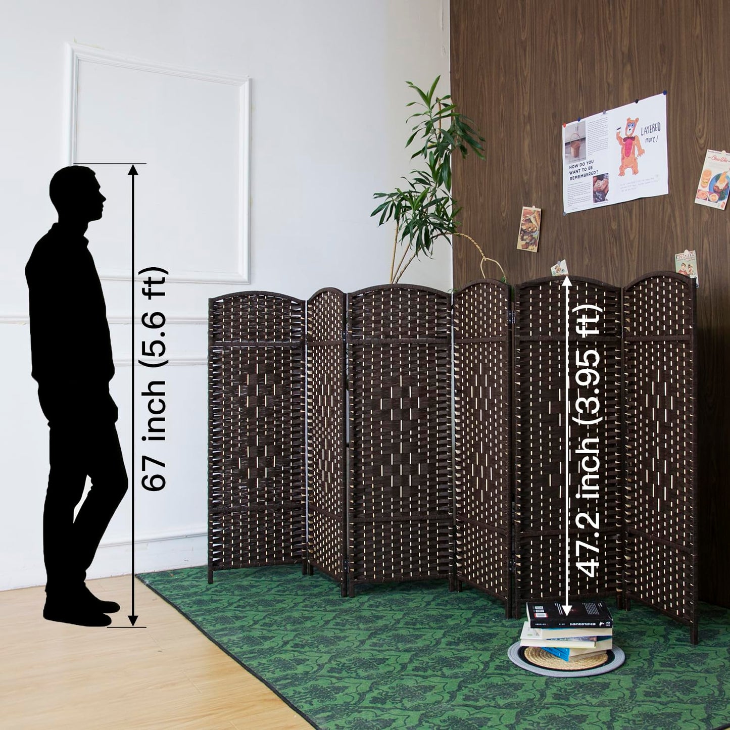 Furnnylane 6 Panel Dark Brown Rattan Divider Short Room Partition Screen,Double Sided Short Folding Divider for Room Separation,120 cm Tall