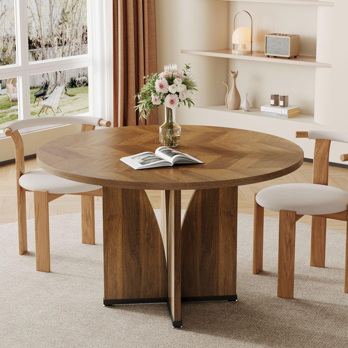 Tribesigns 39-Inch Small Round Dining Table for 4, Rustic Brown Farmhouse Kitchen Table with X-Shaped Stable Pedestal, Round Dining for Living Room