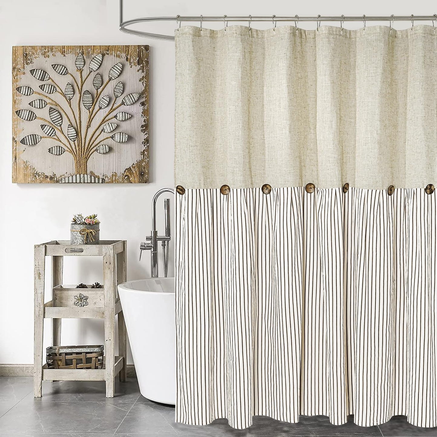 DOSLY IDÉES Farmhouse Shower Curtain,Beige and Brown Stripe,Button Curtain,Linen and Cotton Woven Fabric,Rustic Charm Country Chic Style,72x72 in