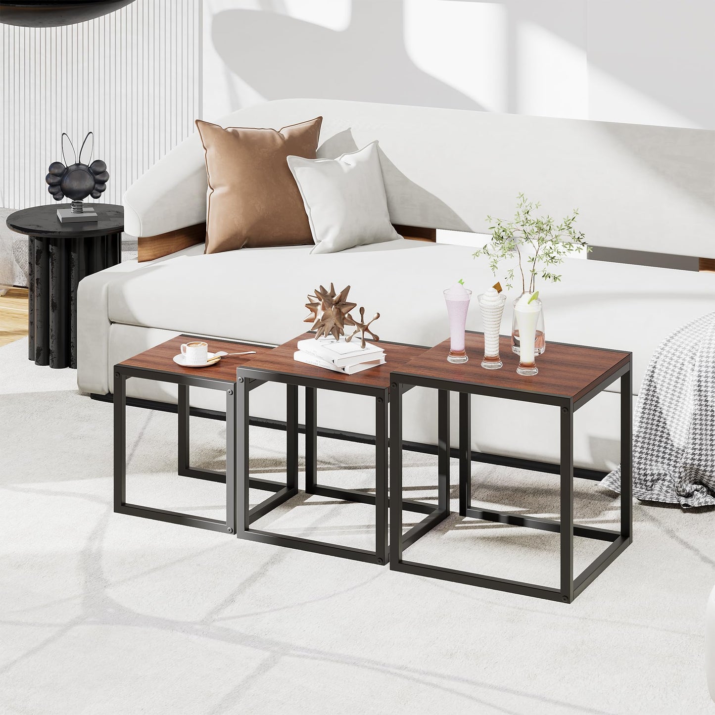 DUMEE Nesting Coffee Tables Set of 3,Sofa End Tables,Nest of Tables Walnut
