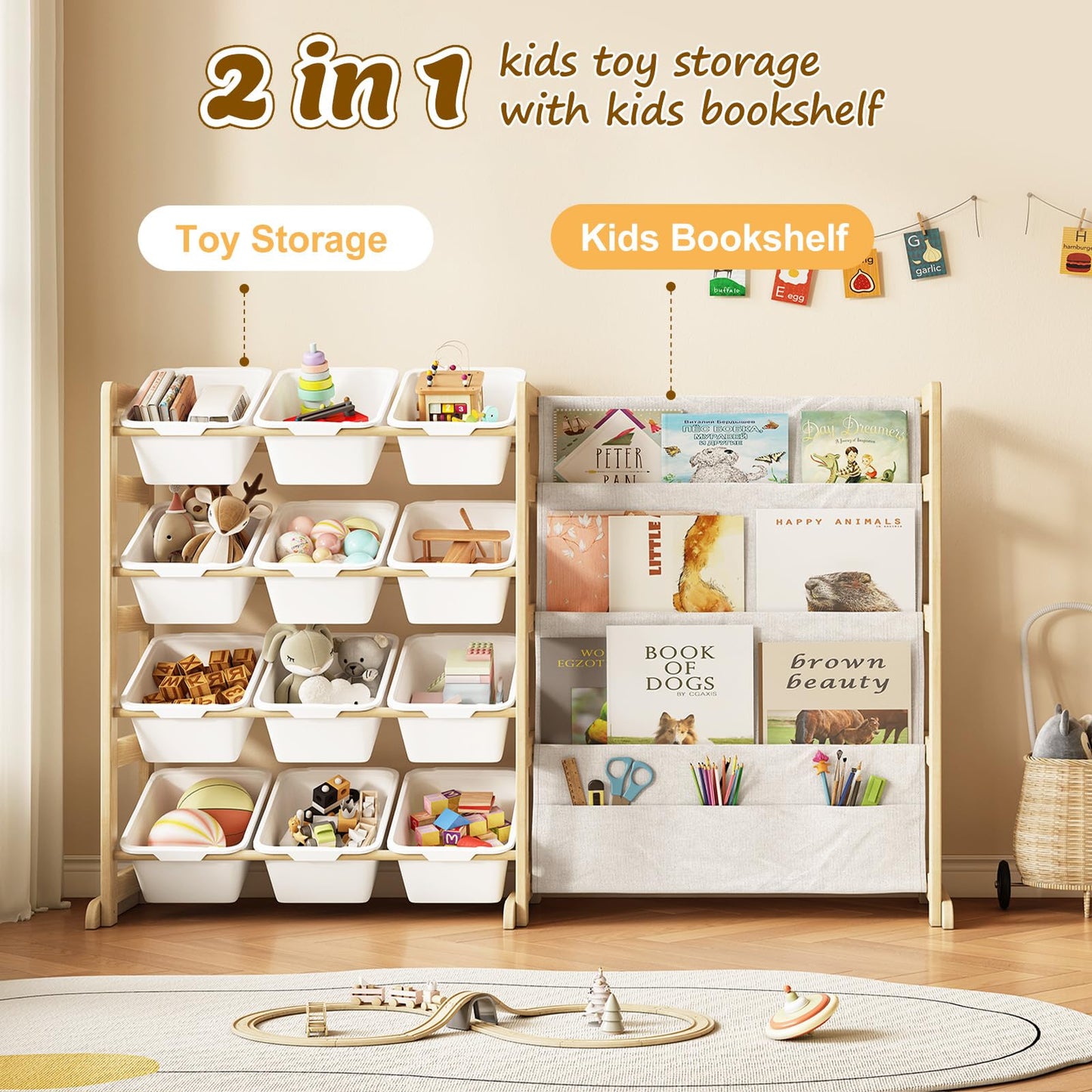 EXPERLAM Toy Storage Organizer with Bookshelf - 12 Storage Bins 4-Tier Multipurpose Shelf to Organize Toys and Books for Kids Room, Playroom