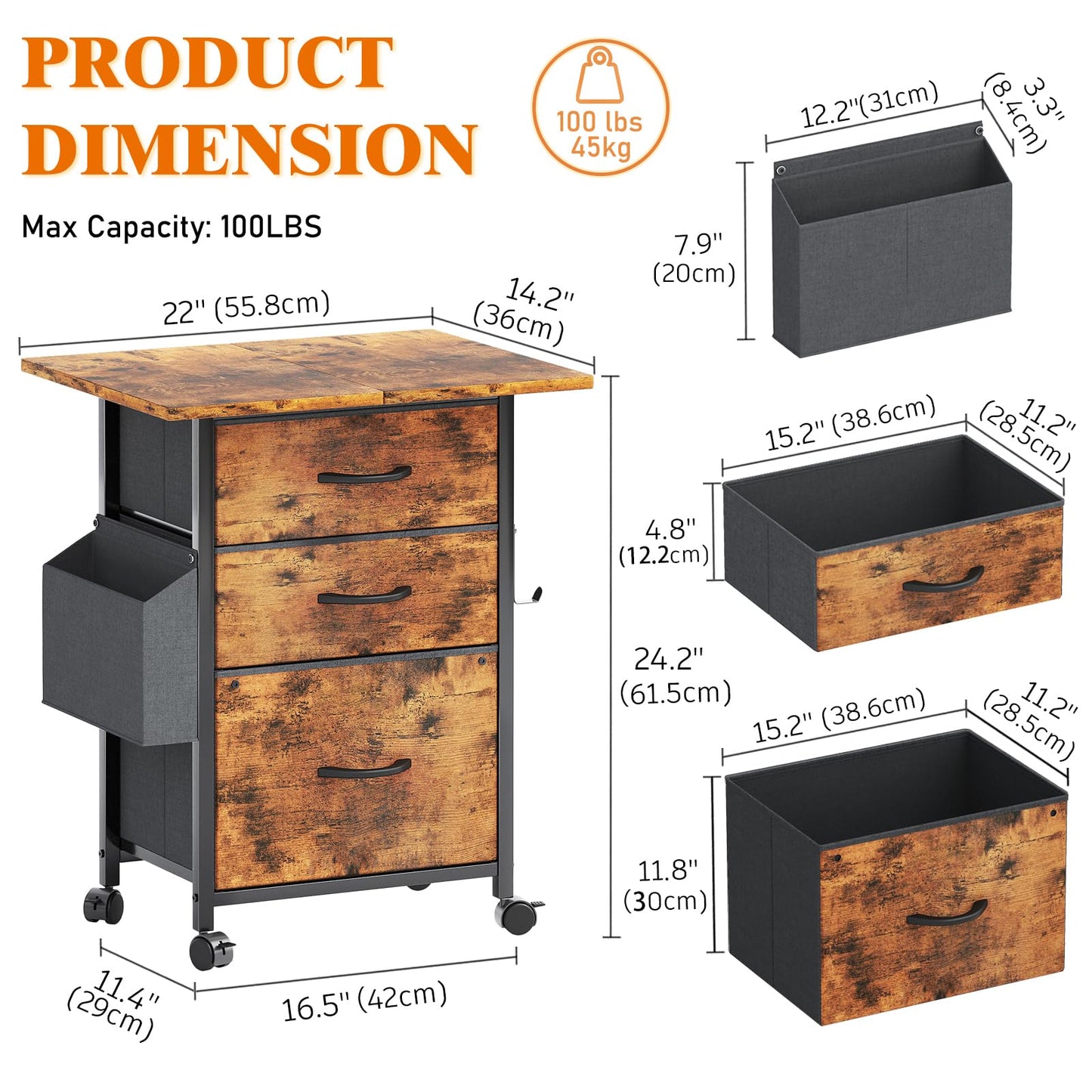 CAIYUN Filing Cabinet with 3 Fabric Drawers, Mobile File Cabinet on Wheels & Adjustable Feet, Rolling Under Desk Cabinet