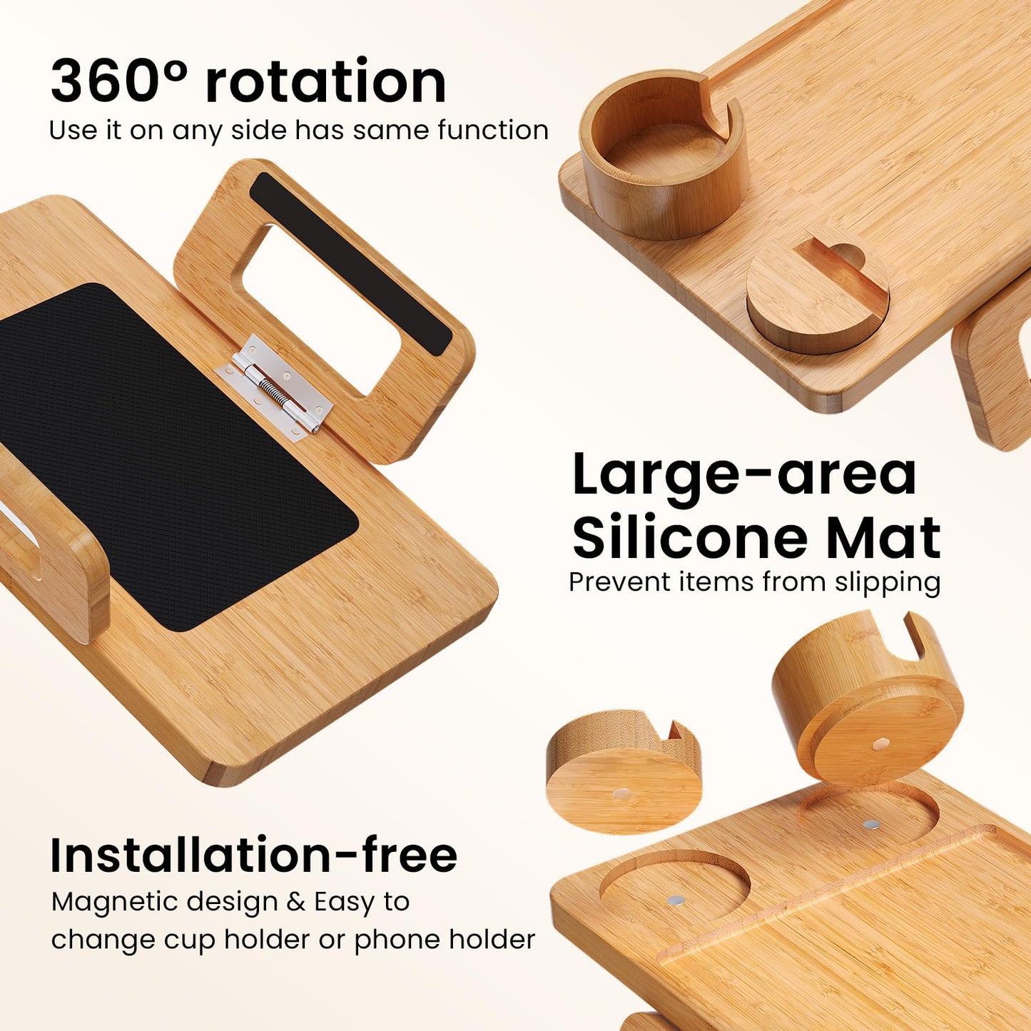 Fibogollo 3 in 1 Sofa Tray,Bamboo Folding Couch Arm Tray with Cup holder and Phone Holder,Sofa Armrest Trays Clip-On Sofas Desk for
