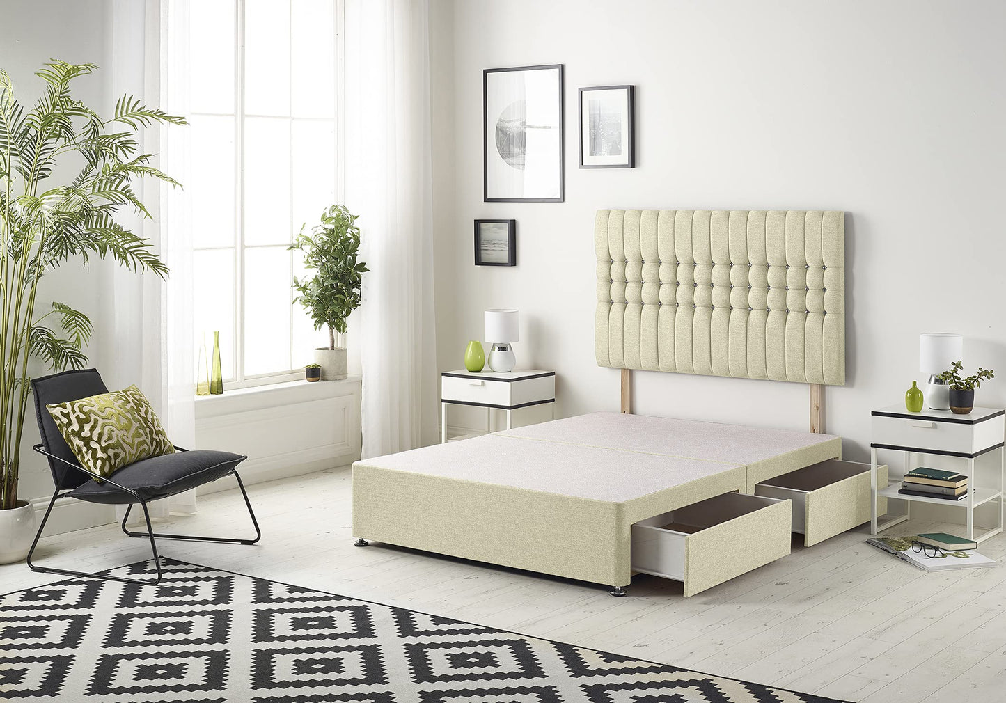 Bed Centre Galaxy Divan Base with 2 Drawers (Same Side) and Matching Headboard, Fabrics and Colours (3FT Single, Linen Beige)
