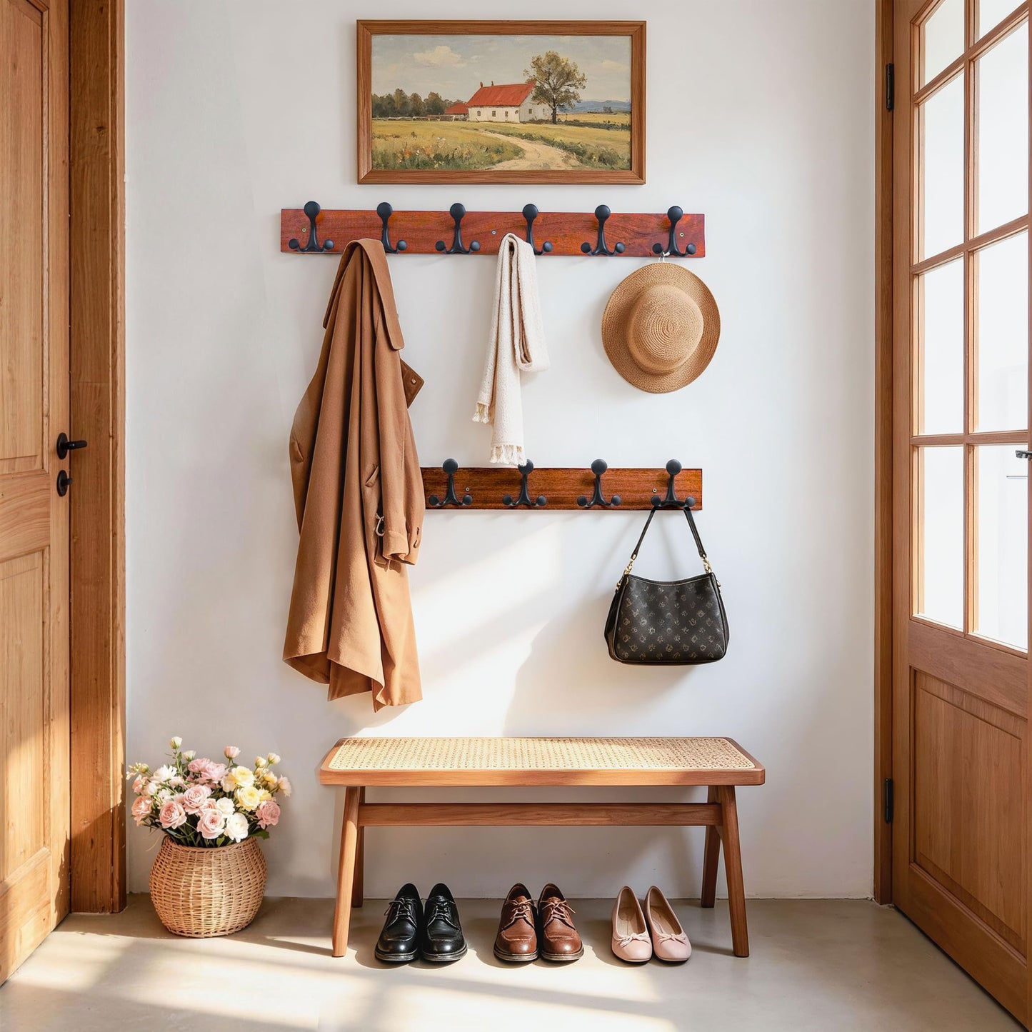 HONSKY Wall Mounted Coat Rack, 91cm Sapele Base,6 Black Sturdy Aluminium Alloy Triple Hooks(18 Hanging Points), Wall Coat Hanger for Entrance Hall