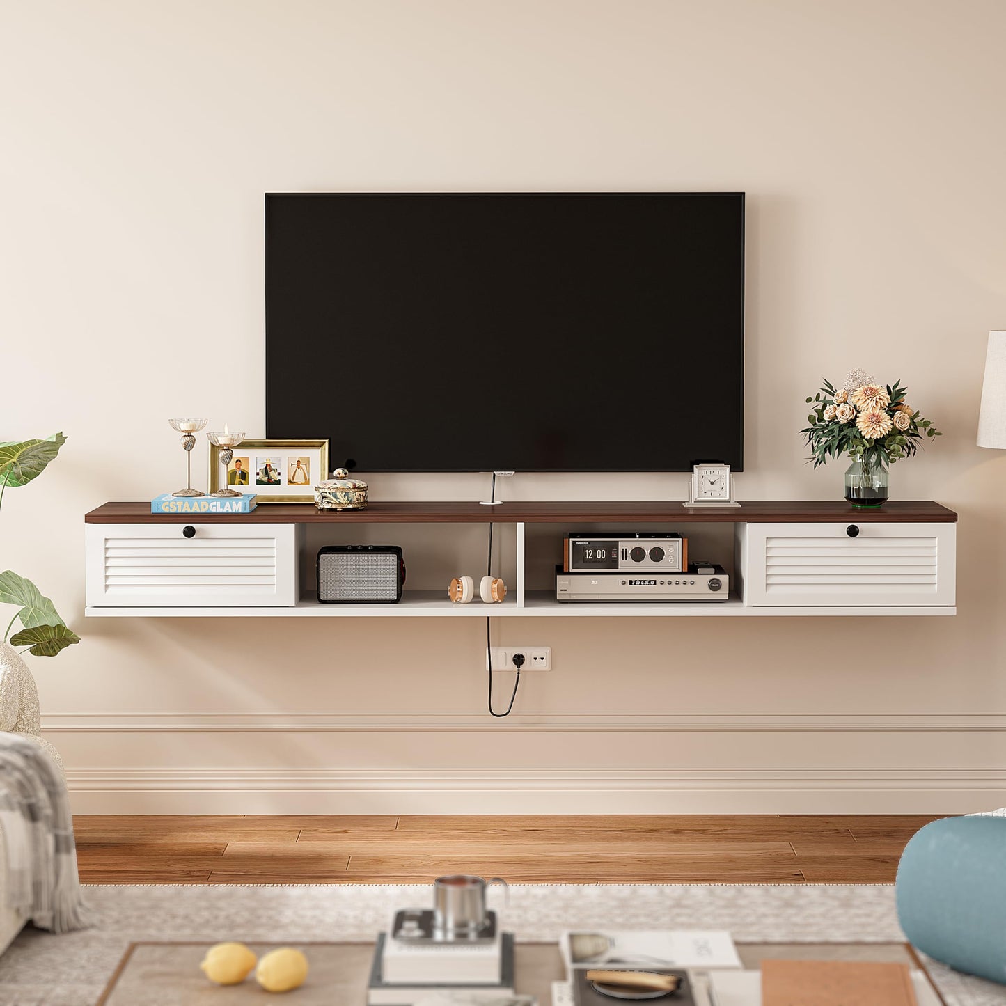 FloatiCasa 120cm Walnut & White Floating TV Unit, 2 Doors & 2 Open Cabinets