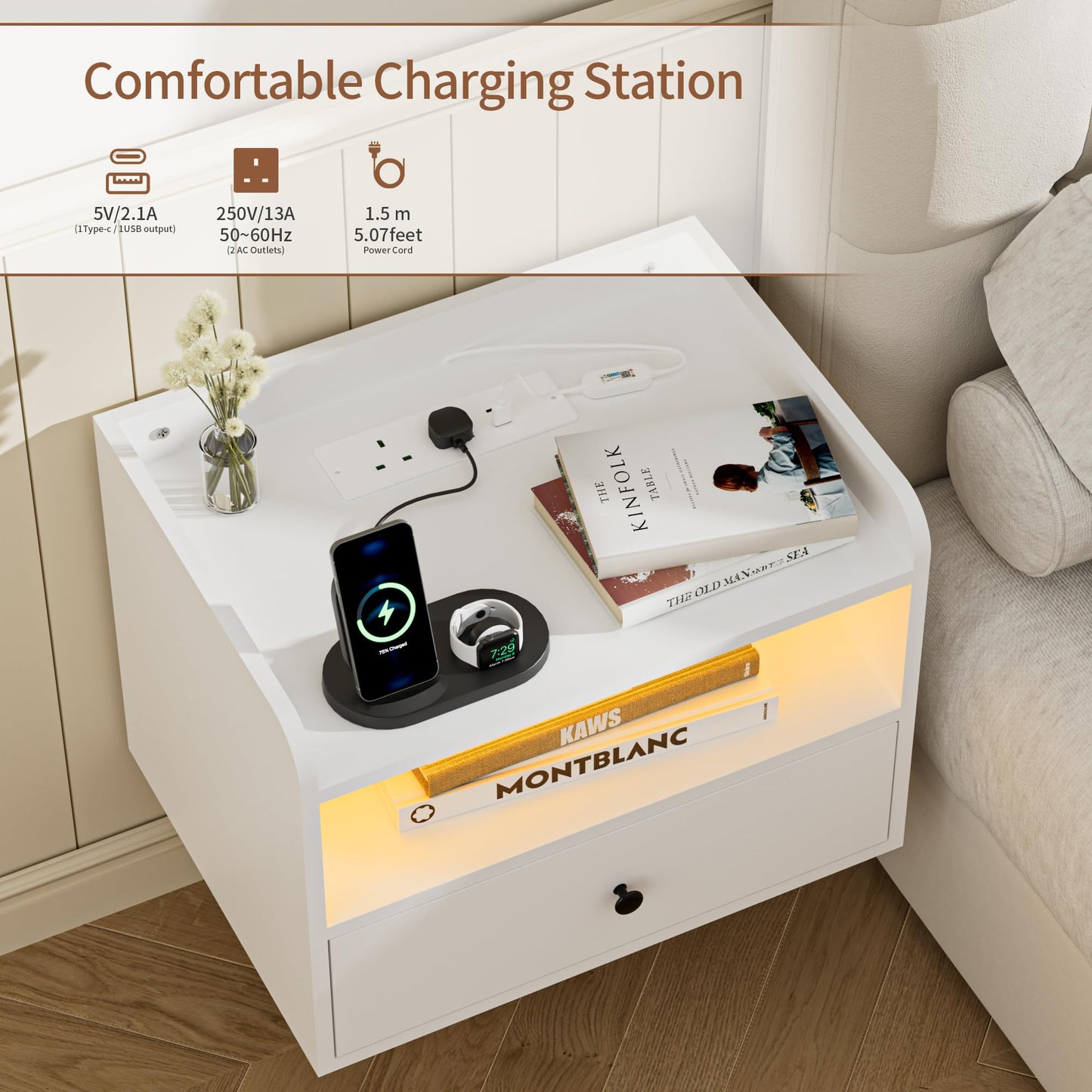 BonVache Set of 2 Floating Bedside Tables, Multi-Function Adjustable Lighting and Charging Station, Floating nightstand with Open Shelf and Drawer