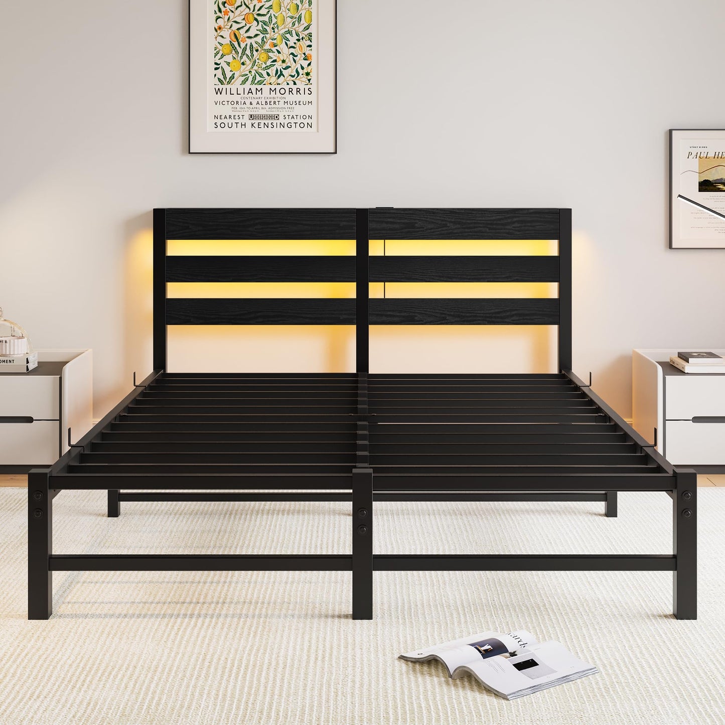 VERFARM 5ft King Bed Frame with Charging Station and LED Lights, Heavy Duty Metal Platform King 150x200 cm Bed Frame with Wood Storage Headboard