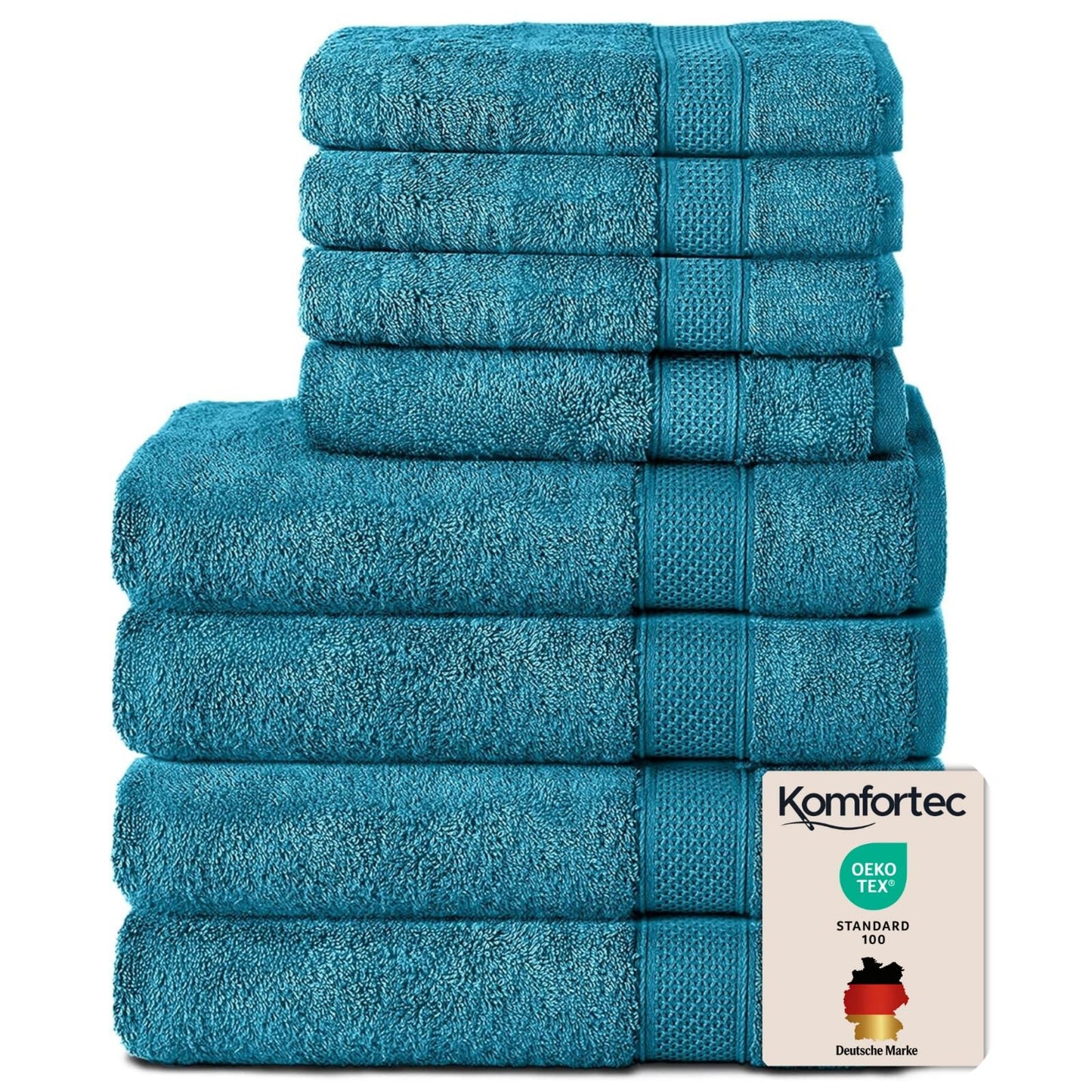 Komfortec Set of 8 100% Cotton Towels 470 g/m², 4 Bath Towels 70 x 140 cm and 4 Hand Towels 50 x 100 cm, Soft Terry Towelling, Large Size, Turquoise