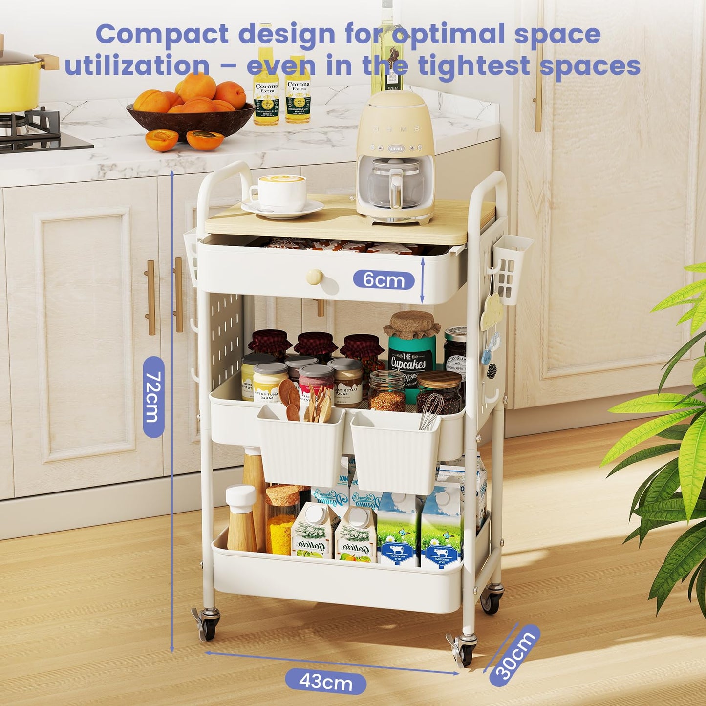 danpinera 3 Tier storage trolley, Metal storage cart with DIY Pegboard & Drawer, storage trolley on wheels with Hooks & Hanging Cups for Living Room