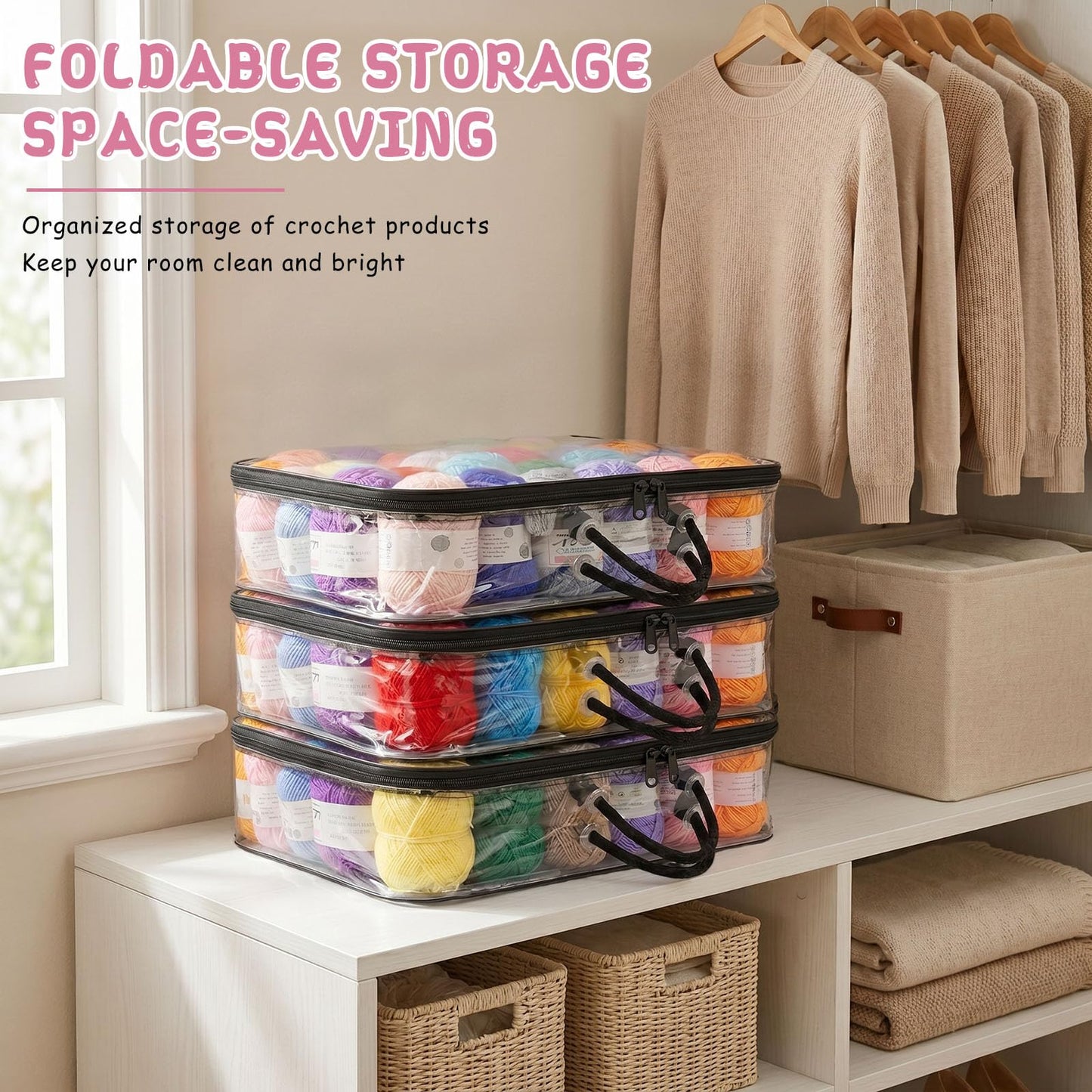 Dexpally 3pcs Yarn Storage Clear Dust-Proof Wool Storage Organiser 40 x 30 x 10cm with Zippers & Handle for Knitting Needles Crochet Hooks Yarn Balls