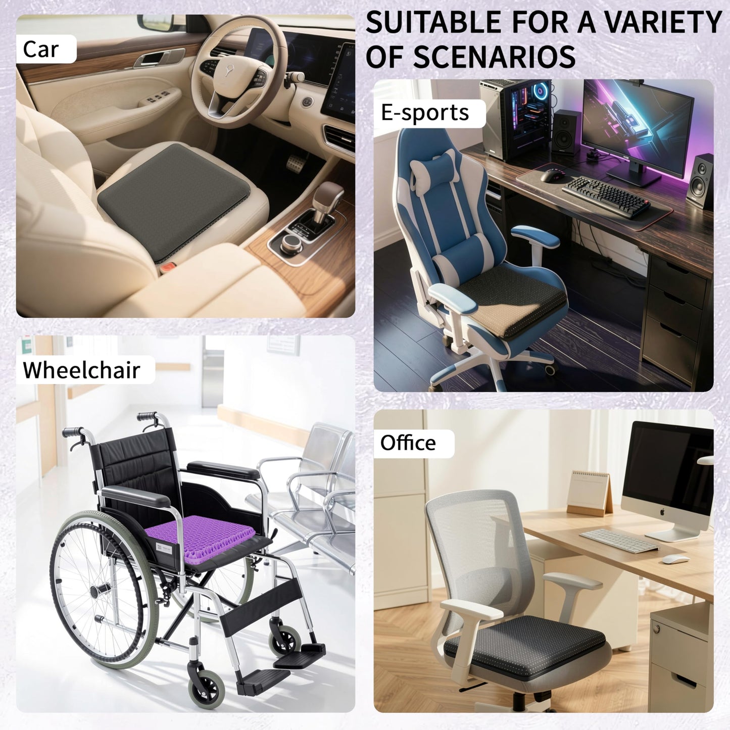 YOYIKKO Gel seat cushion, breathable design gel cushion, relieve back pain pressure, suitable for car office home wheelchair chair kit (violet-94)