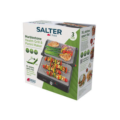 Salter Marblestone Health Grill  Electric Fold-Out Grill & Panini Maker, Non-Stick XL Plates 29 x 23cm, Opens Flat To 180, Adjustable Temperature
