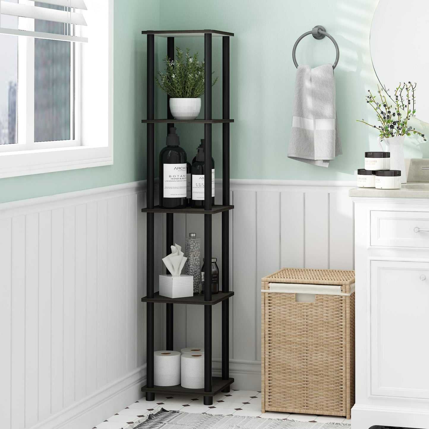 Furinno TURN-N-TUBE Storage Shelves, 5-Tier Square Book Shelf, Corner Shelf, Toolless Open Shelves, Round Tubes, for Organization and Storage