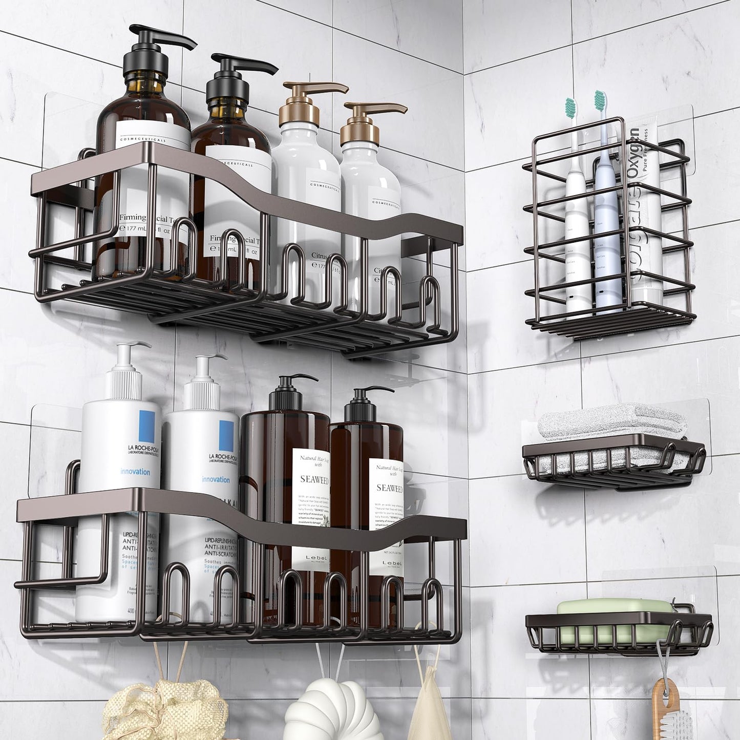Eudele Shower Caddy 5 Pack,Adhesive Organizer for Bathroom Storage&Home Decor&Kitchen,No Drilling,Large Capacity,Rustproof Stainless Steel