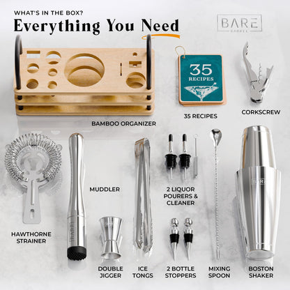 BARE BARREL Cocktail Making Kit | 14-Piece Bartender Kit Cocktail Shaker Set Maker | Display Stand & 35 Recipe Cards | Mixology Cocktail Gift Set