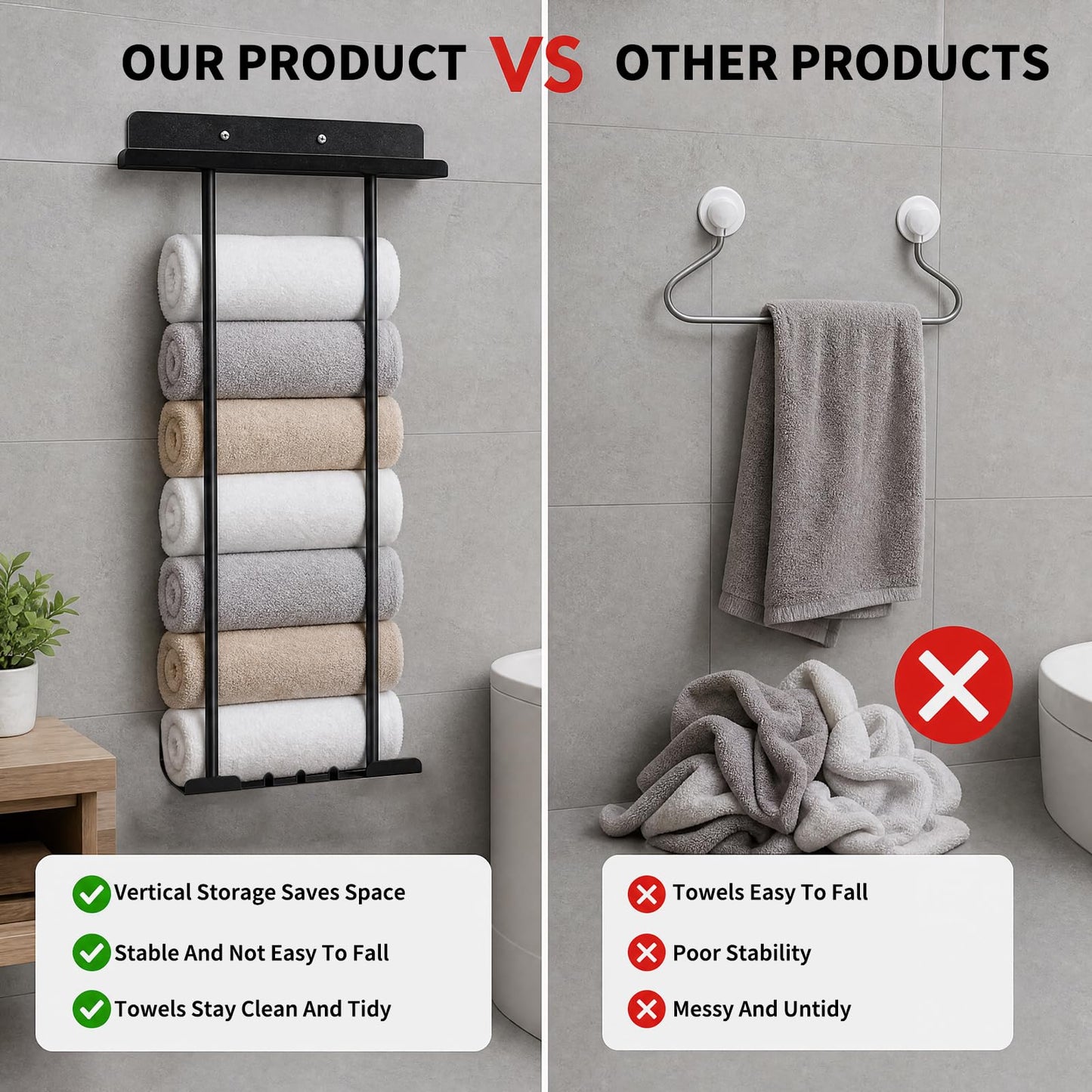 Towel Rack, Bathroom Towel Holder Self Adhesive, 38-75cm Adjustable Pole