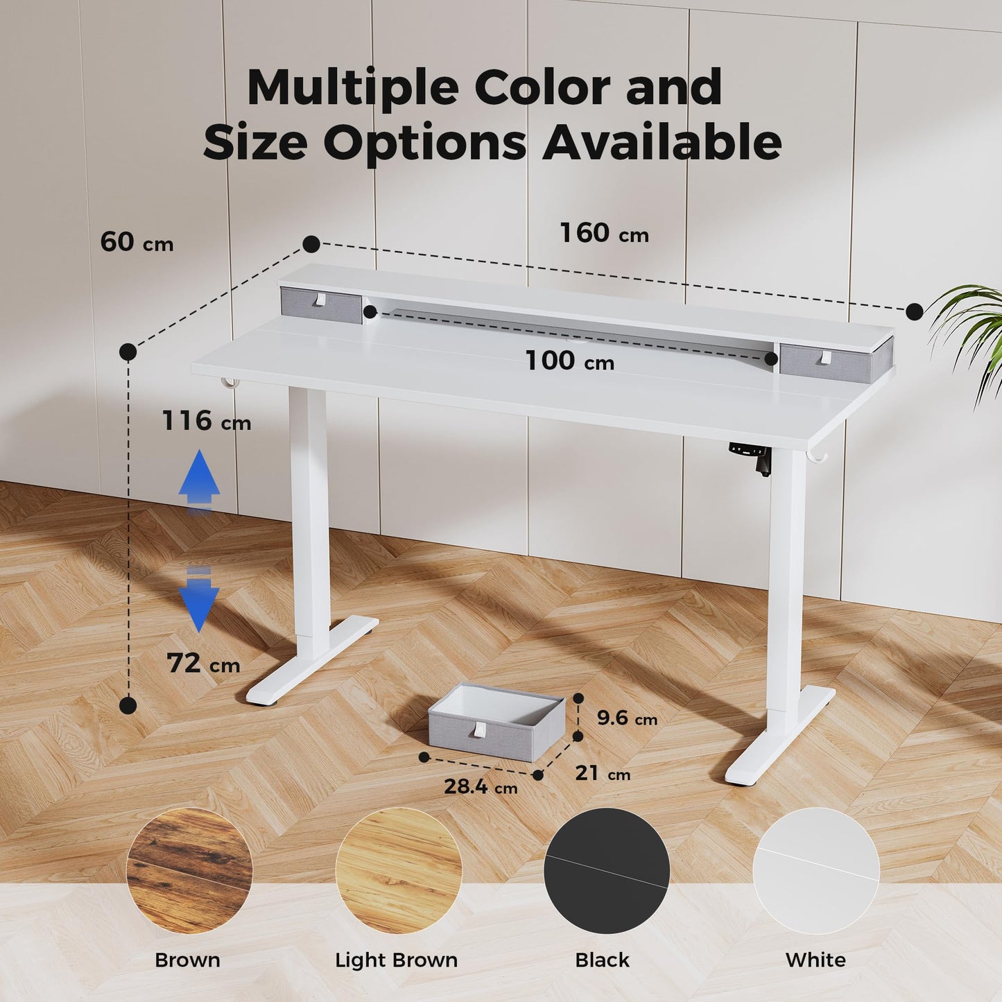 Agilestic Electric Adjustable Height Desk, with 2 Fabric Drawers, 160x60cm