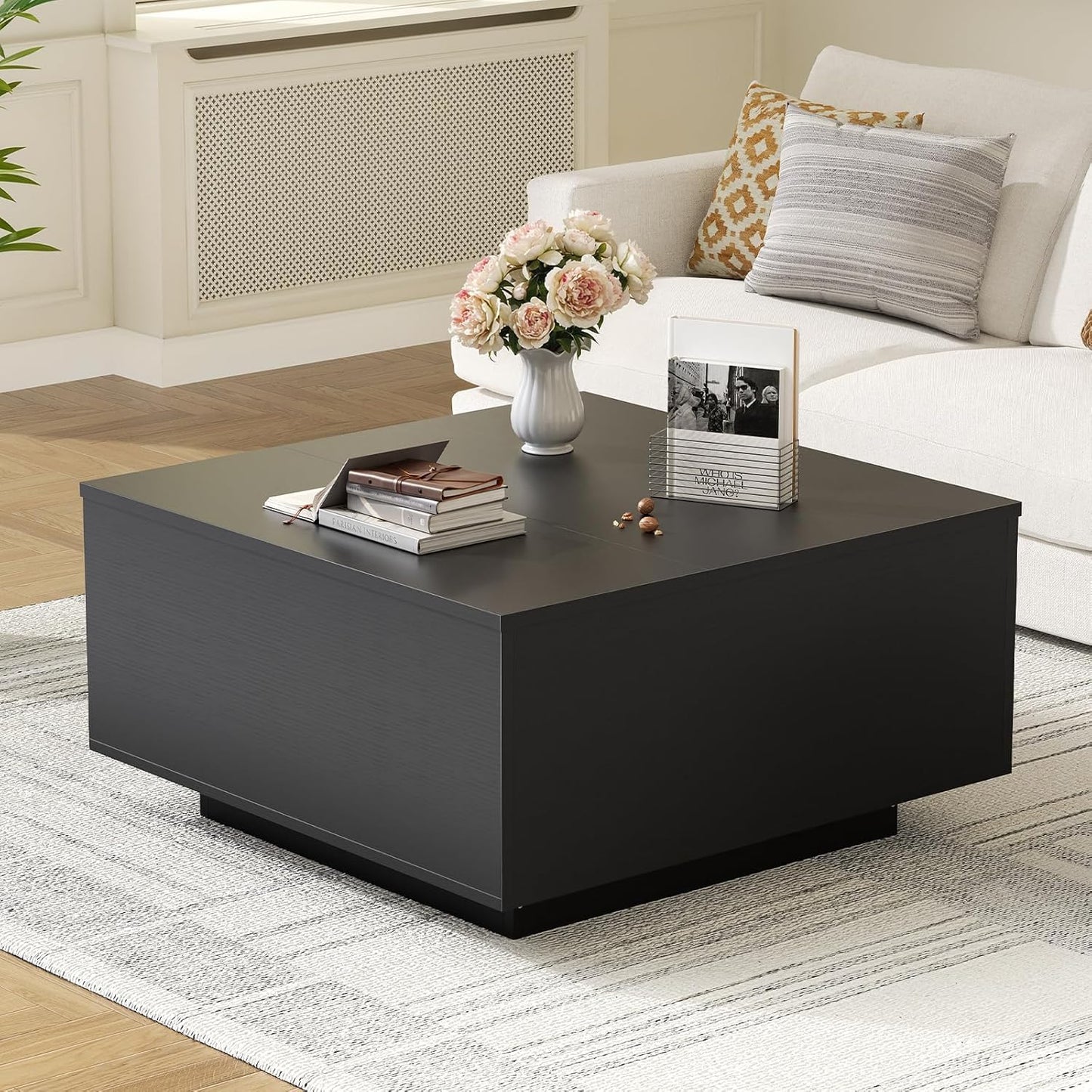 Mossora Black Lift Top Coffee Table with Hidden Storage, 80 * 80 * 40cm