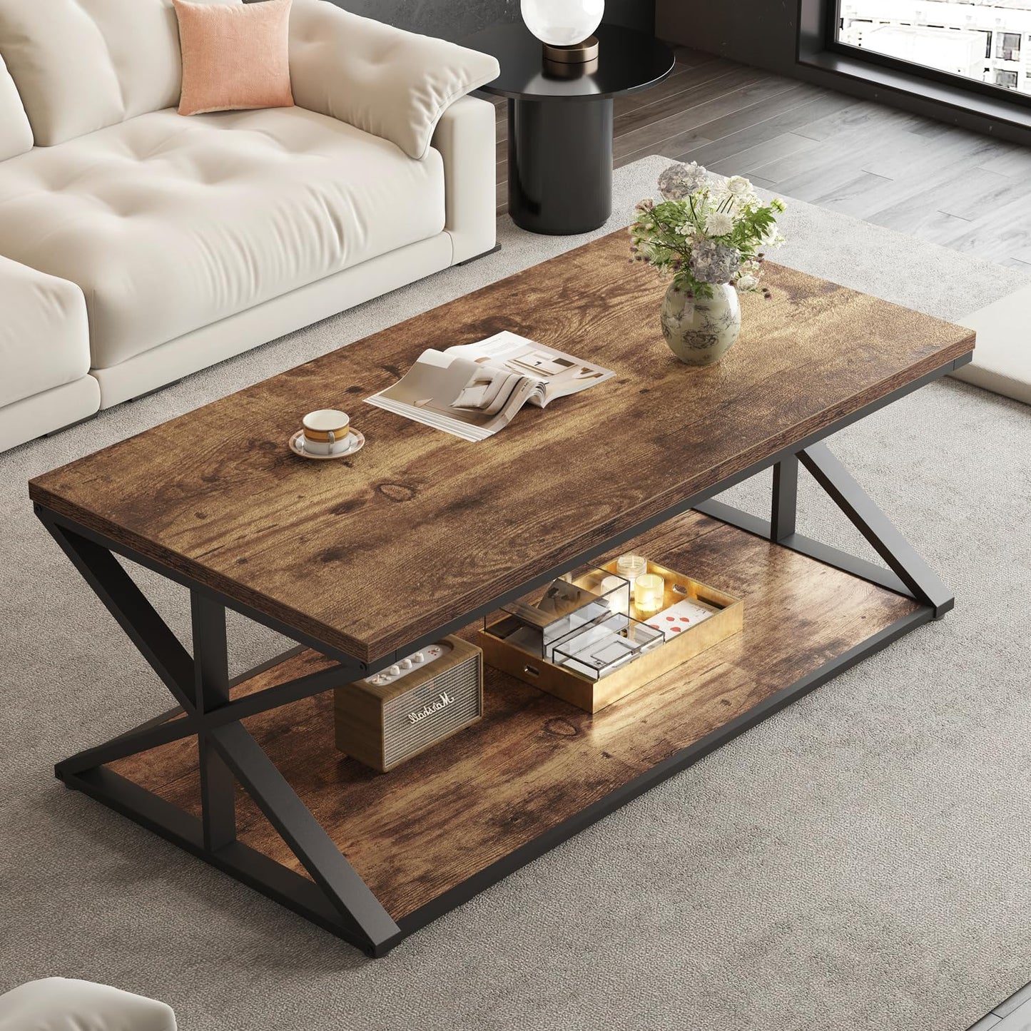 HSH Rustic Coffee Table, Farmhouse Coffee Tables for Living Room, Rectangle Wooden Center Tables with Storage