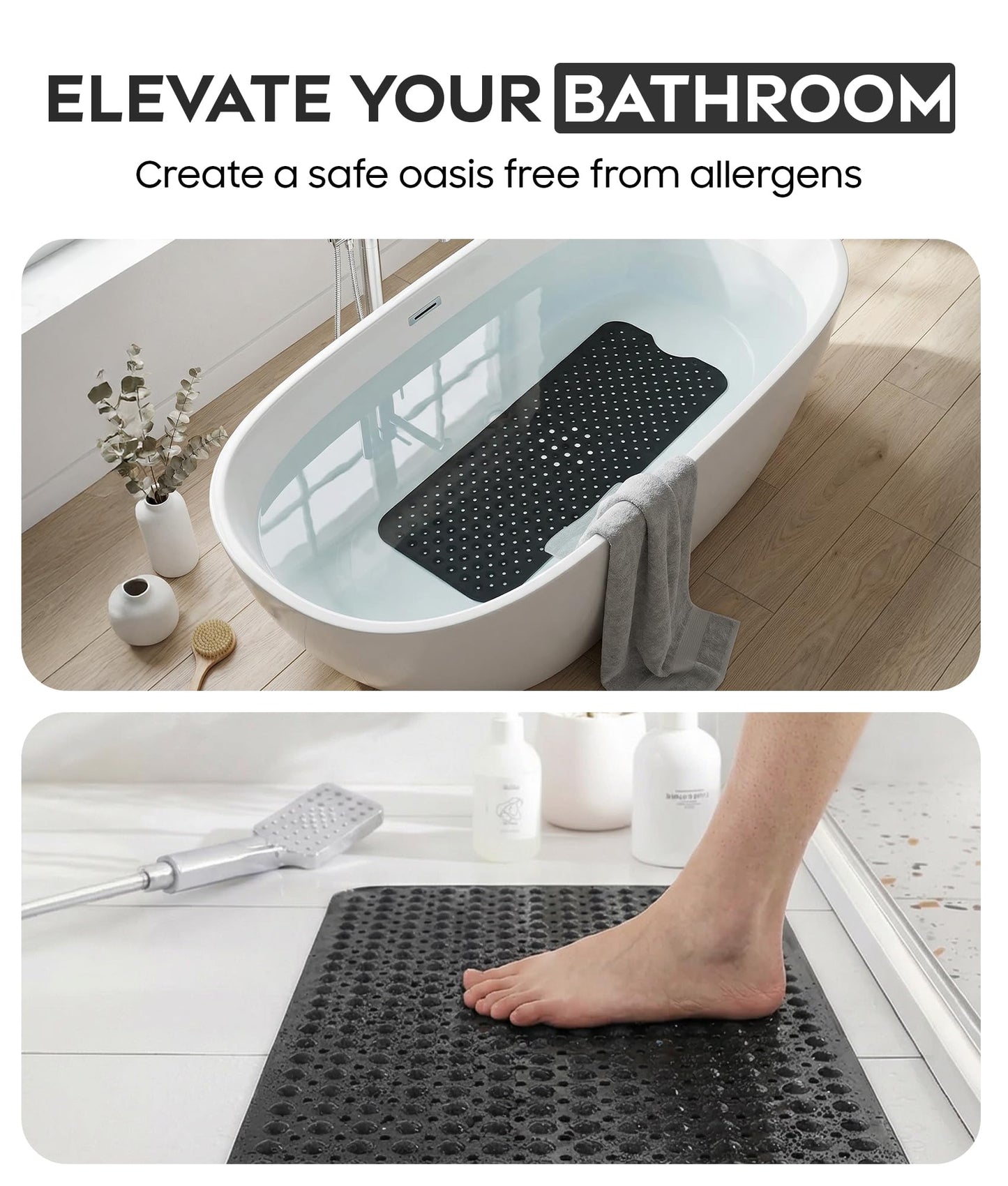 ADOV Bath Mat Non Slip, 100 x 40 cm Extra Long Shower Mat Anti Mould, Bathroom Bathtub Mats for Tub, 200 Strong Suction Cups and Drain Holes