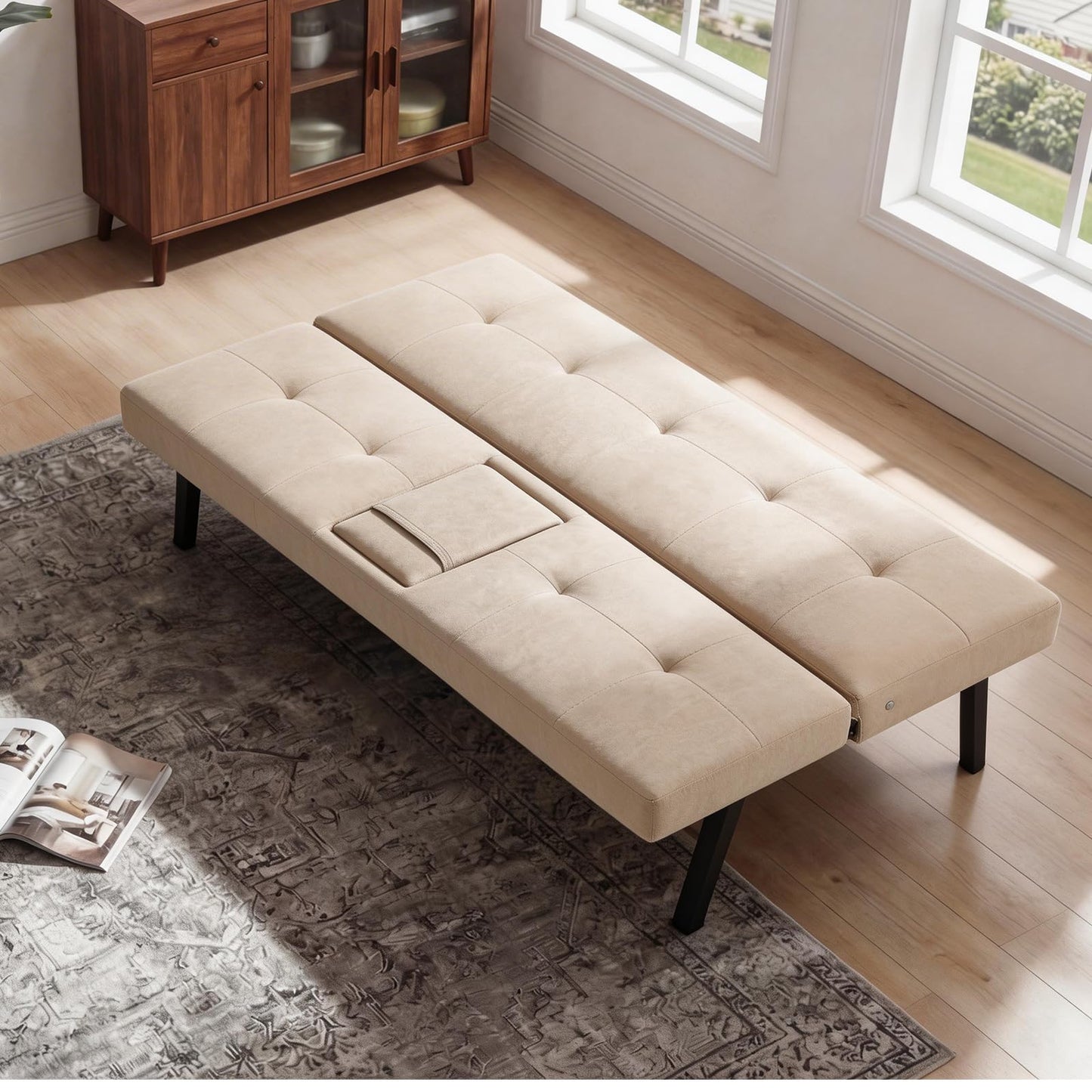 Panana Click Clack Sofa Bed Linen Fabric 3 Seater Sofa Couch Living Room/Spare Room/Guest Room Bed Settee With Cup Holders, Beige